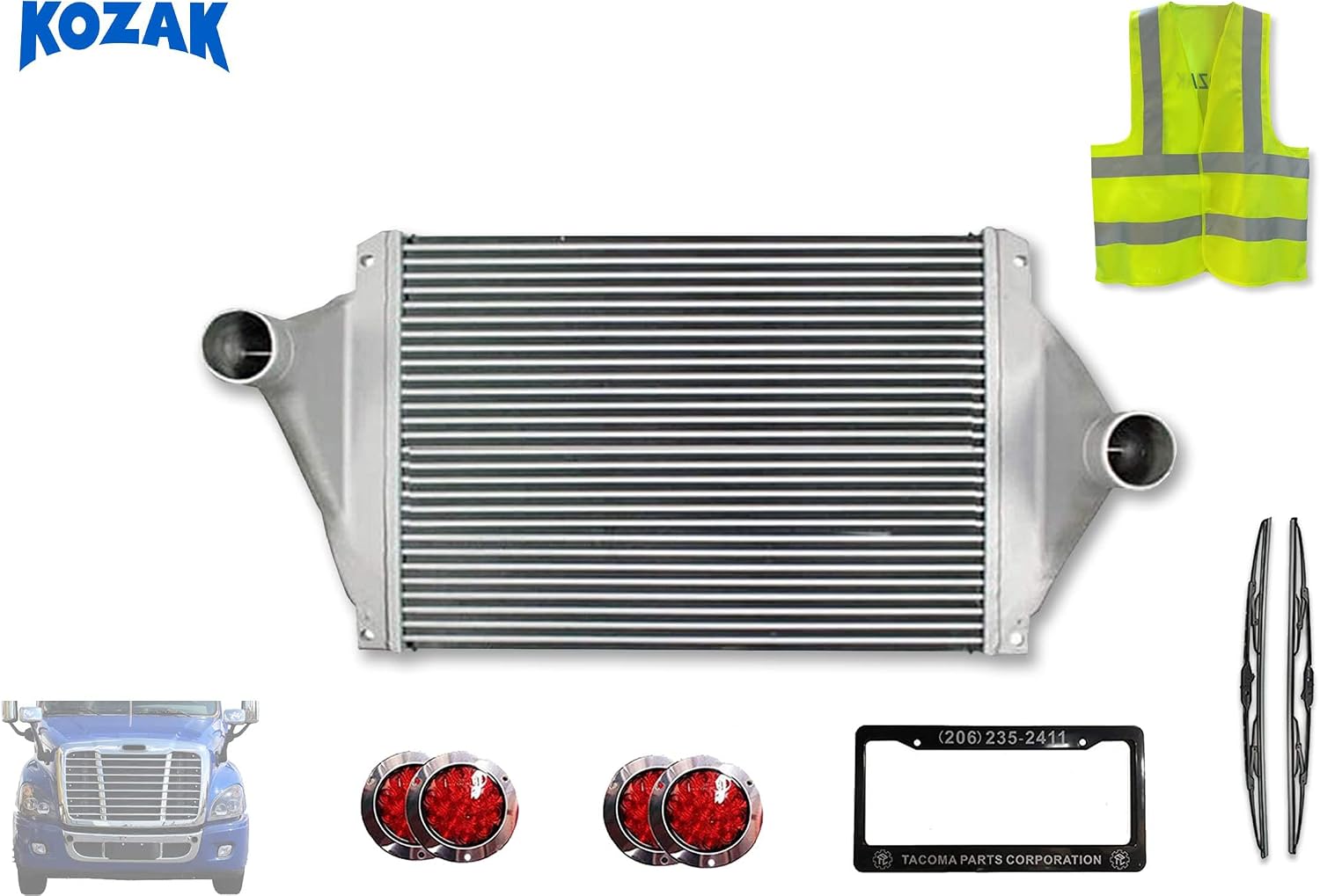 Kozak Charge Air Cooler Compatible with Cascadia 2008-2013 Semi Trucks (3S0137530001) PLUS Logo, Wipers, License Plate Frame, 4x Trailer Tail Lights, Vest