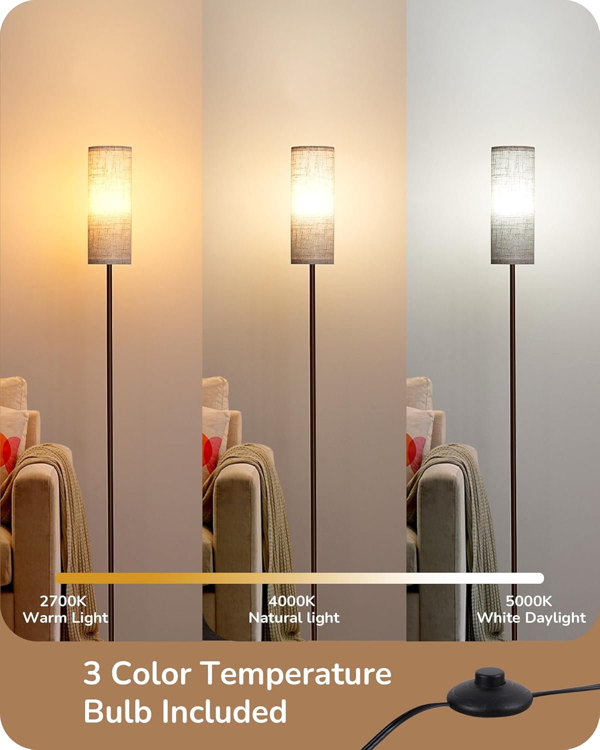 EDISHINE LED Floor Lamp for Living Room, 63.7in Modern Standing Lamp with 9W LED Bulb, 3 Color Temperature, Minimalist Floor Lamp for Bedroom, Office, Nursery, Foot Pedal Switch, Brown