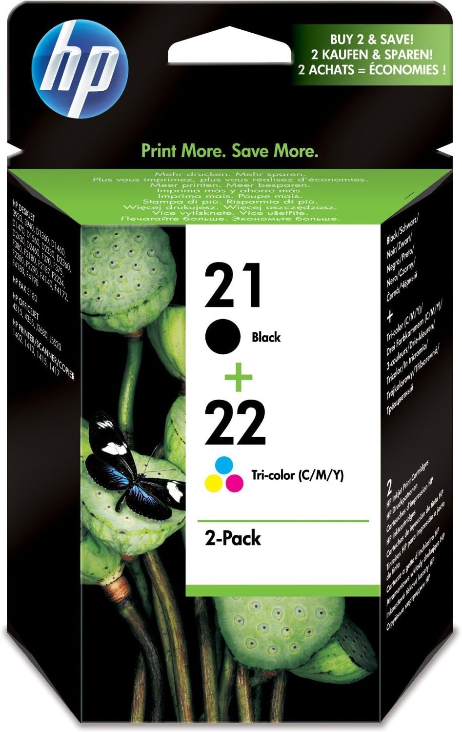 HP SD367AE 21/22 Original Ink Cartridges, Black and Tri-Colour, Multipack