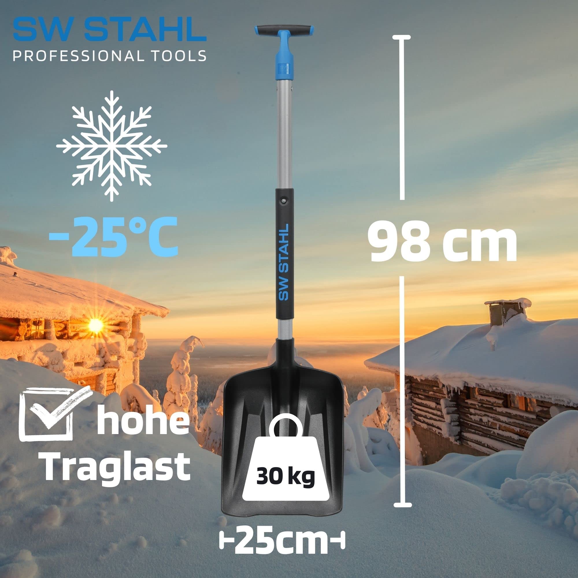 SW-Stahl 98150L Pala da Neve Pieghevole per Auto, Alluminio, 98 cm | Pala da sopravvivenza salvaspazio con lama larga 25 cm, impugnatura a T ergonomica e pratica custodia per il trasporto
