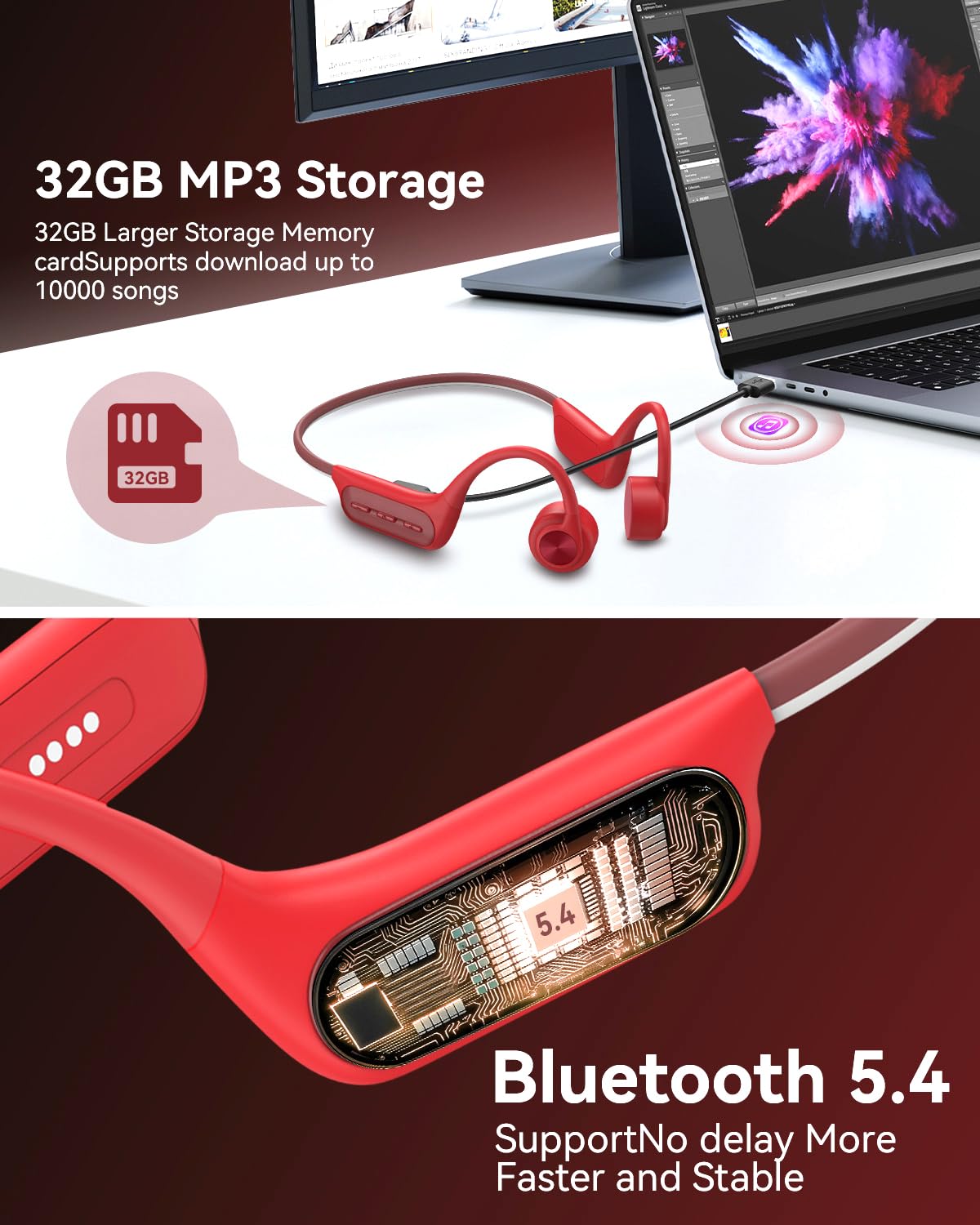 Wantek Casque de Natation, Bluetooth étanche IP68, avec mémoire de 32 Go, Lecteur MP3, écouteurs Ouverts, sans Fil pour Natation, Course à Pied