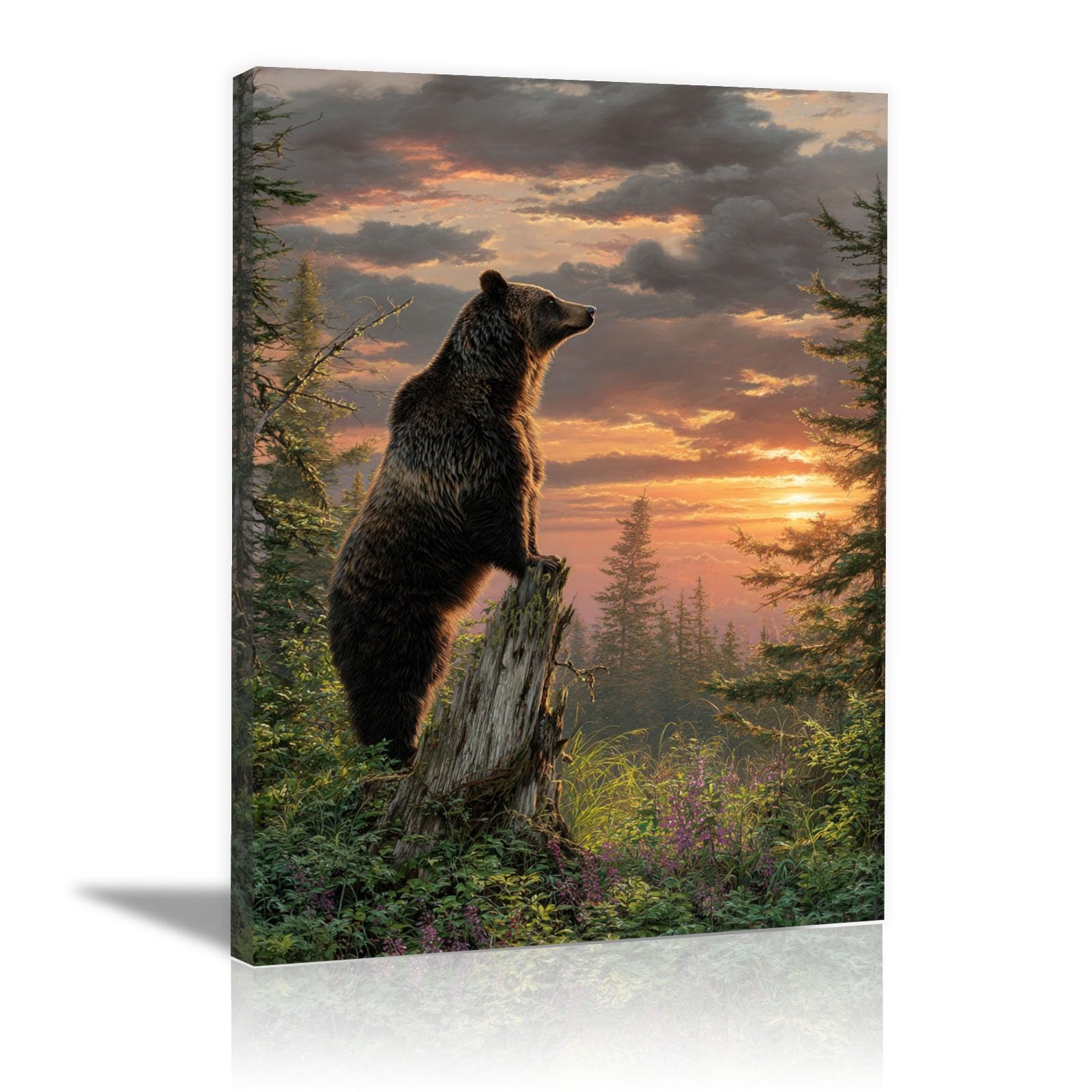 TERUEA Wall Art Canvas Prints - Brown Bear Standing Tree Stump Sunset Pine Forest Animals Poster Wall Art Mural Modern Decoration Hanging Art Poster(Brown)-40x60cm Framed