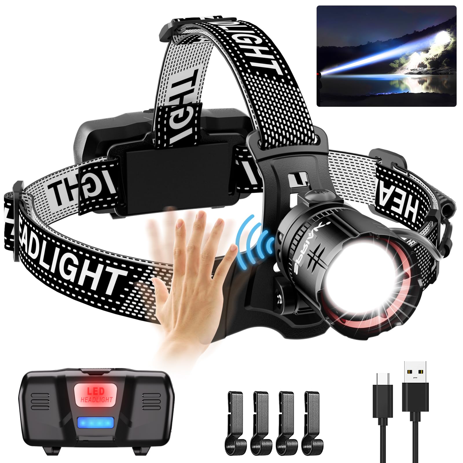 Linterna frontal LED recargable de gran alcance con zoom y sensor de gestos 8
