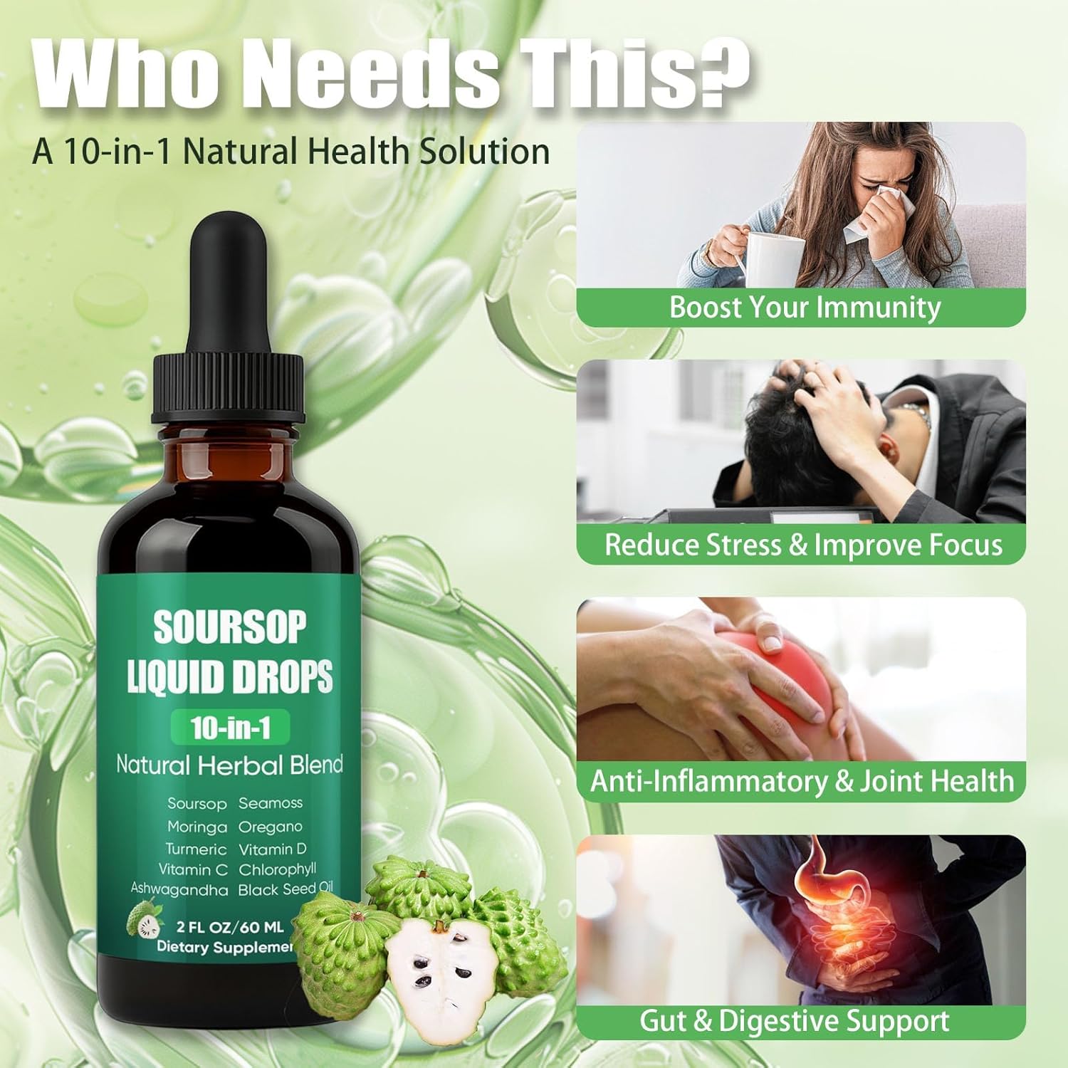 Soursop Natural Drops, 10-in-1 Soursop Extract Drops with Sea Moss, Moringa, Turmeric, Black Seed Oil, Oregano, Ashwagandha Immune Support, Improving Gut Health, Heart Health, 2 Fl Oz - Image 6