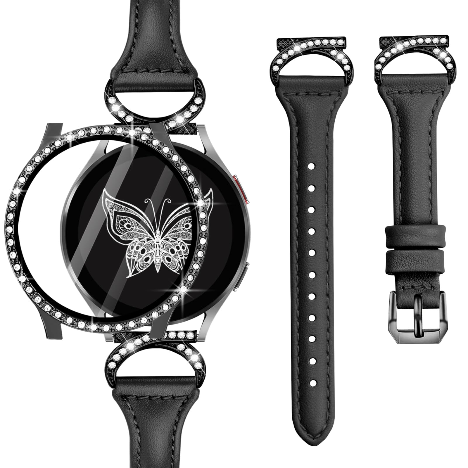 Watbro Genuine Leather Band with Case Compatible with Samsung Galaxy Watch 4 & 5& 6 40mm 44mm with Glitter Screen Protector Case,Metal 20mm Leather Watch strap for Women