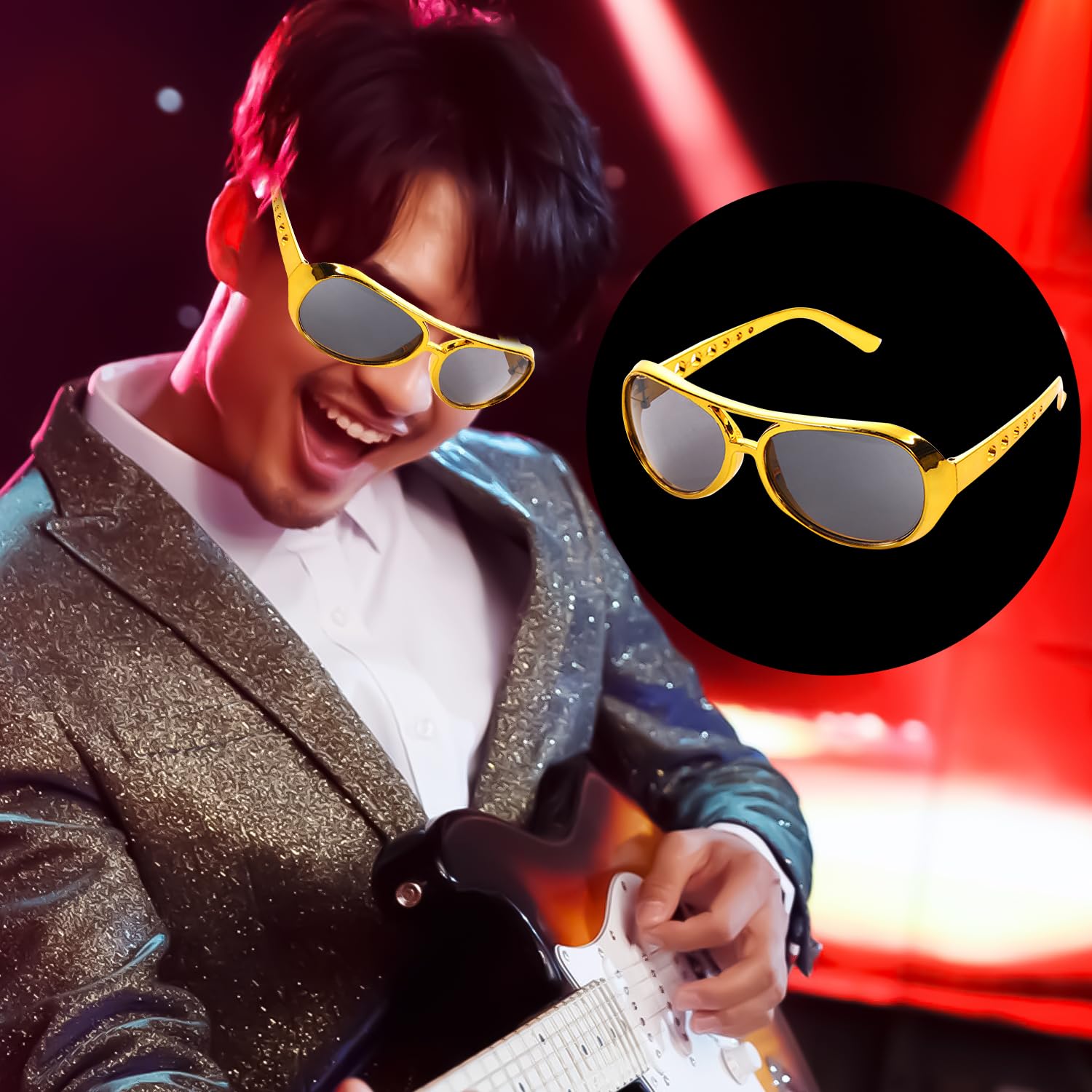 Lezevn 6pcs Gold Elvis Glasses Gold Rockstar Style Glasses 50s Hippie Glasses for Cosplay Costume Halloween Carnival Theme Party - Image 4