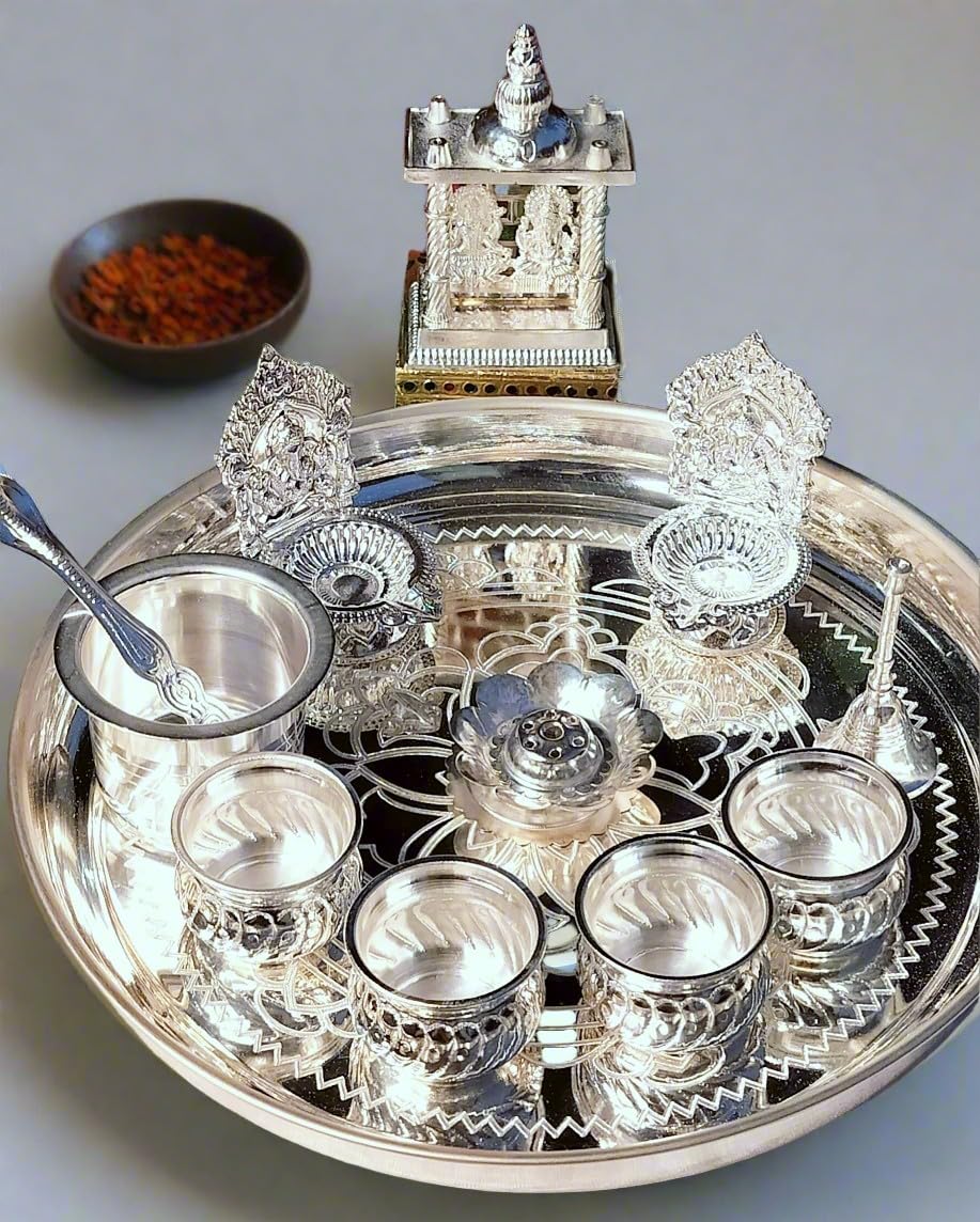 Amazon.com: German Silver Pooja Thali Combo Set with Lakshmi