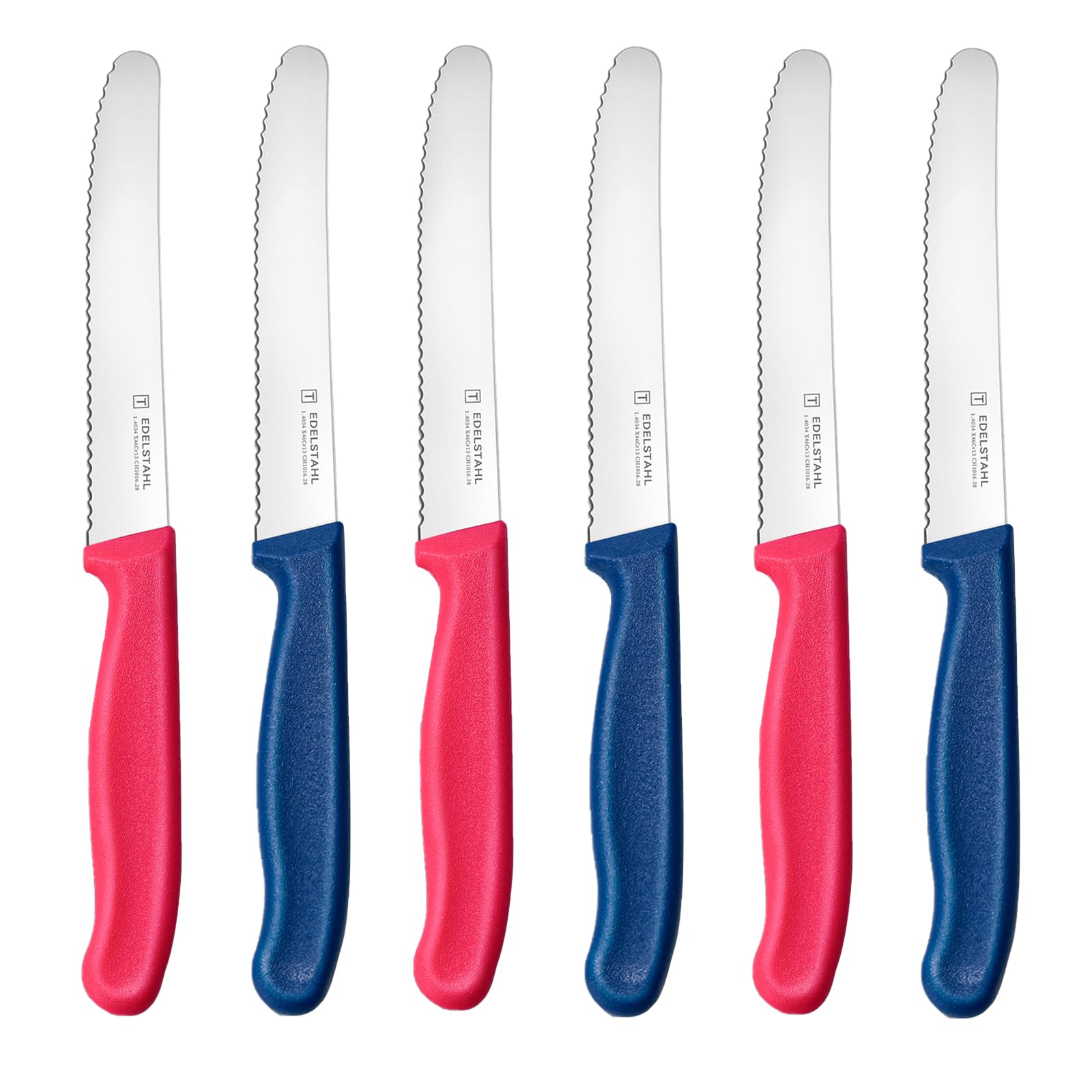targzier Frühstücksmesser Set 6 Stück,Hochwertige Edelstahl Tafelmesser,Langlebiges Bunte Tomatenmesser,Kunststoffgriff Brötchenmesser Wellenschlif,Schneidemesser,Scharf Messer(Rosy und Blau)