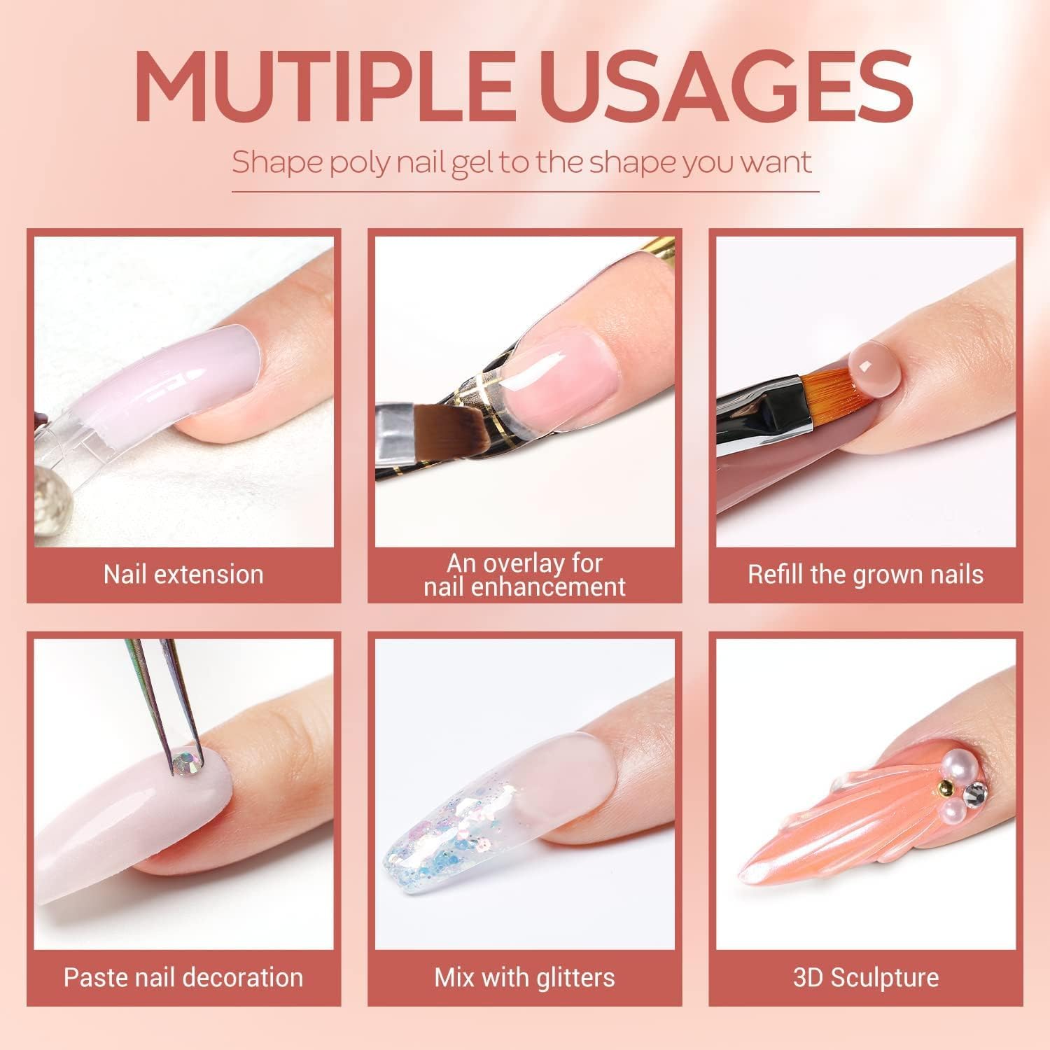 Modelones Polygel Starter Set, 6 Farben Glitzer Schwärze Klar Nude Polygel Set mit Base Top Coat Slip Solution Poly Nägel Quick Extension Builder Gel Maniküre Set fur gel nägel selber Machen