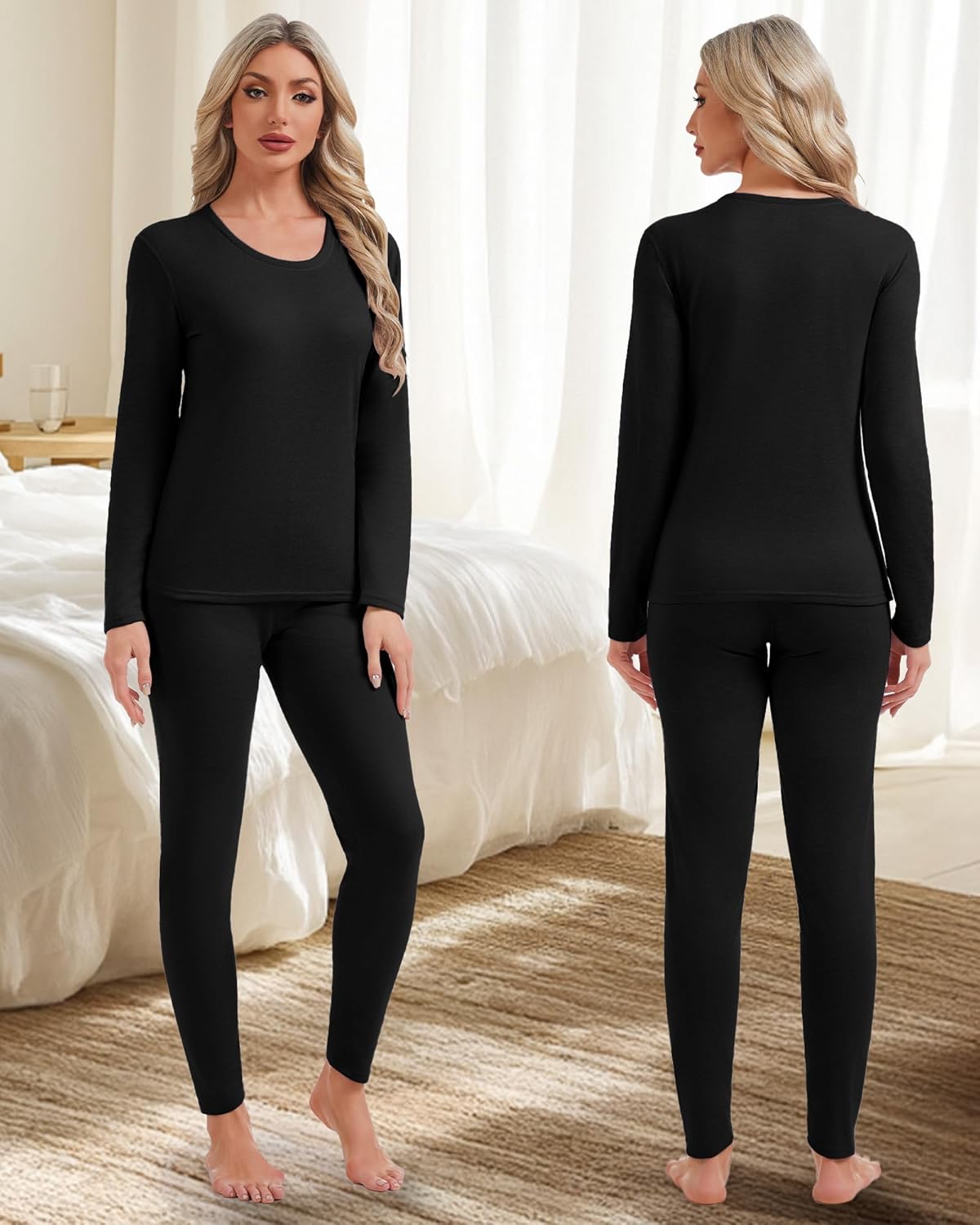 Patelai 2 Sets Thermal Underwear for Women Warm Fleece Lined Base Layer Skiing Top and Bottom Pajama for Cold Weather - Image 2