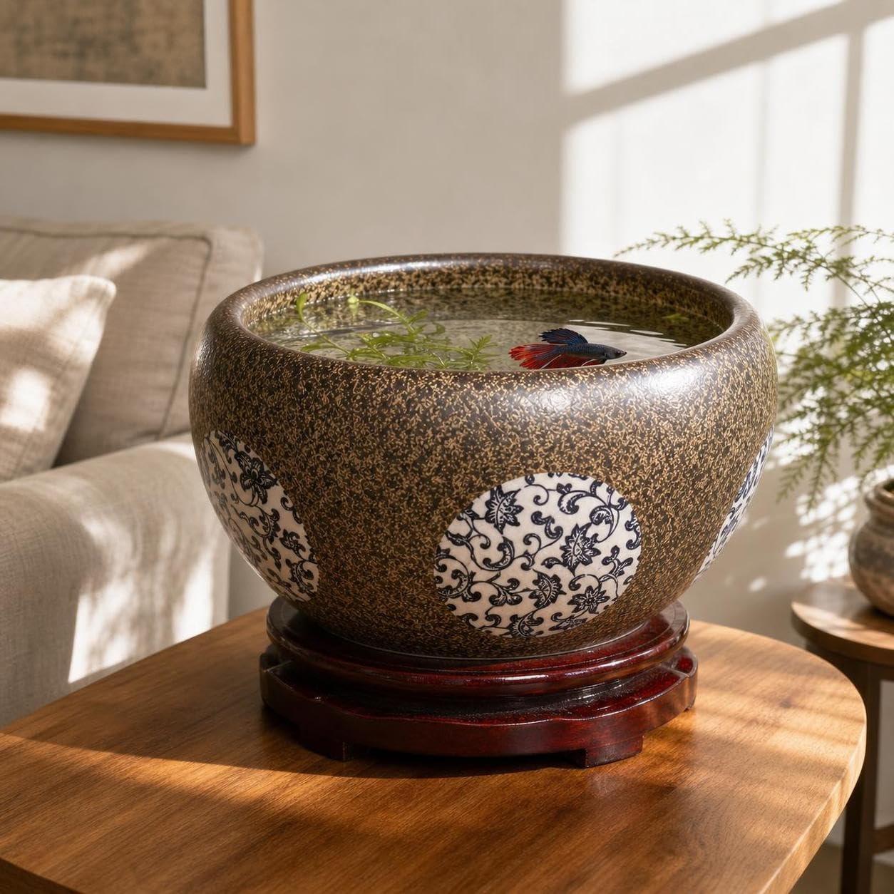 Acquario in Ceramica Finitura Retrò, Piccolo (diametro 24cm | Vasca per pesci, design con motivo, per acquario da tavolo, centrotavola decorativo, per arredamento, per hobby acquariofilo
