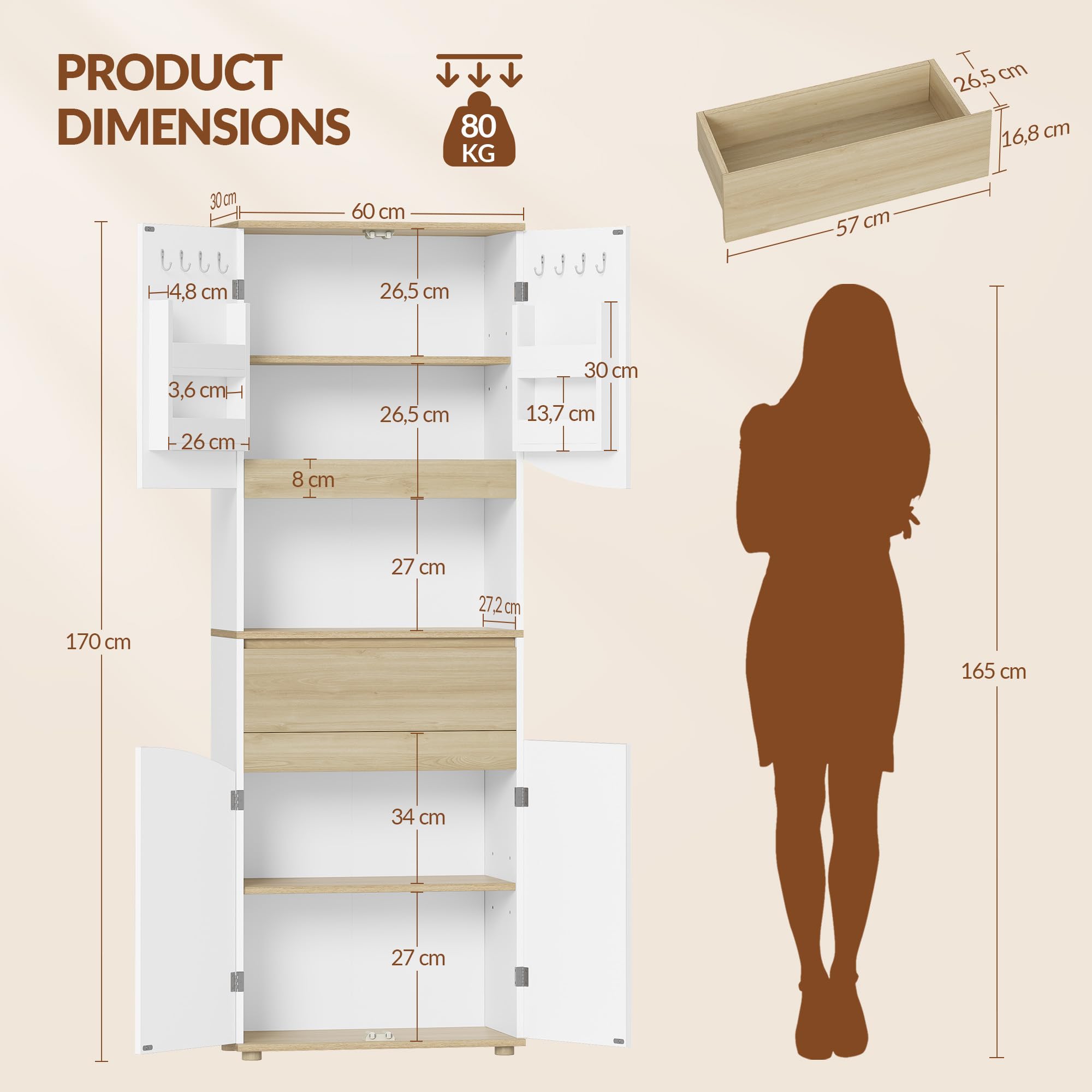 Armario de Baño, Columna Alto, 60 x 30 x 170 cm, Blanco y Roble | Mueble Baño, Armario de Almacenamiento, Estantes Ajustables, para Baño, Cocina, Salón, FFBC031PWN1