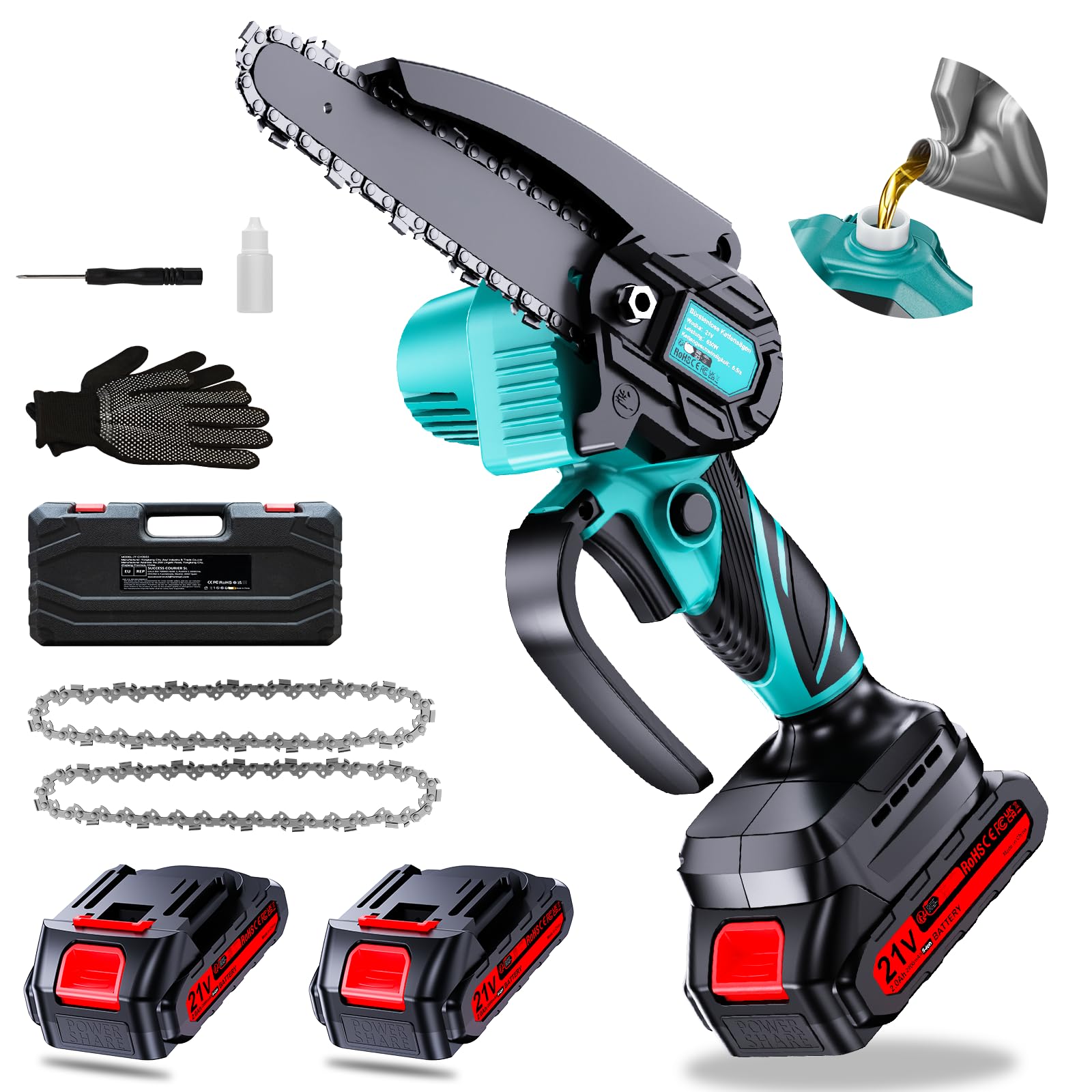 Minisierra de cadena con batería 2×2000mAh, sierra de cadena eléctrica de 6 pulgadas mini con engrase automático y 2 catene, sierra de cadena de batería para tijeras de jardín | 2 cadenas, 550 W, indicador de estado de carga