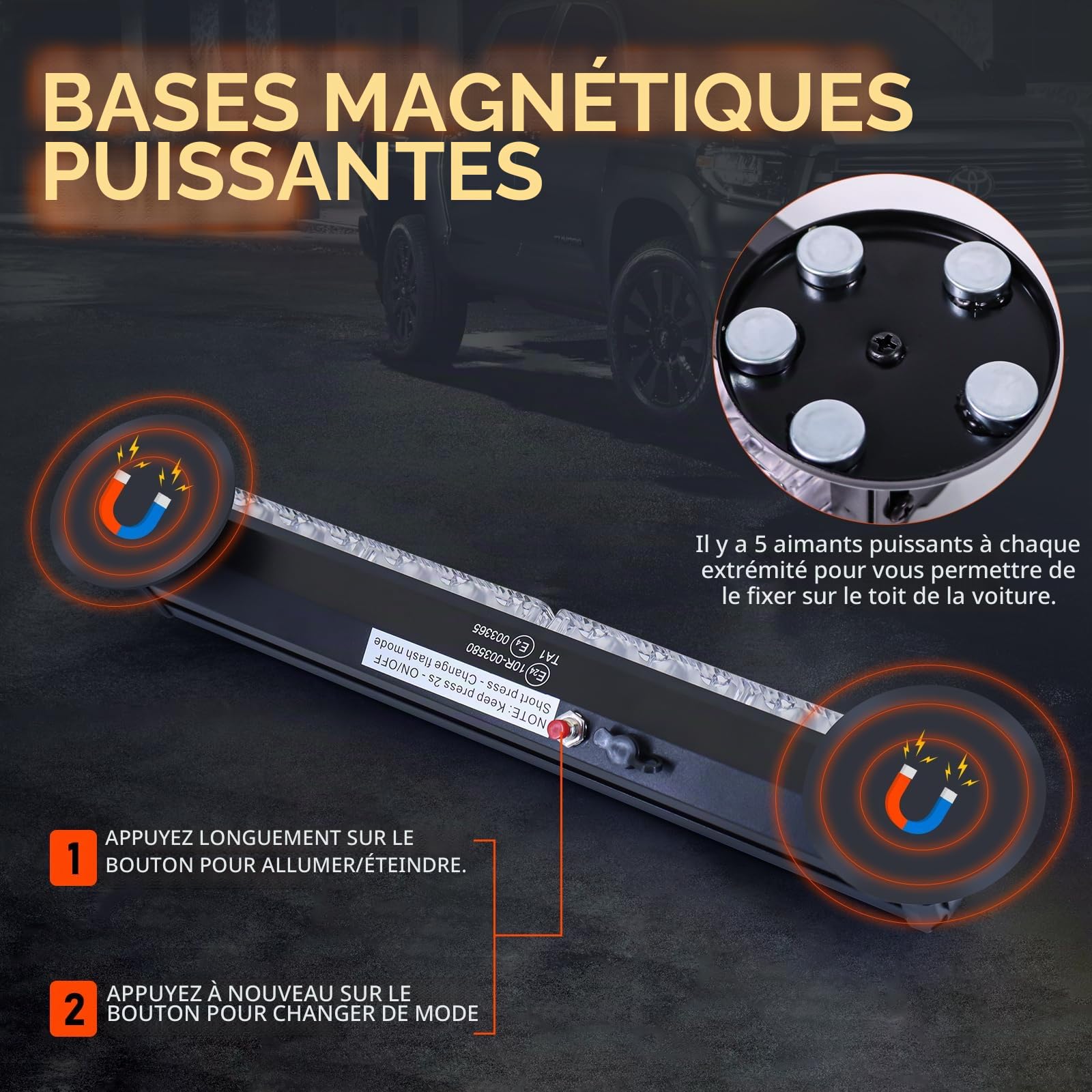 Dinfu 12 pouces Gyrophare LED Sans Fil Rechargeable Avec 14 modes de flash stroboscopique + chargeur, orange LED d'avertissement batterie barre lumineuse pour voiture tracteur auto