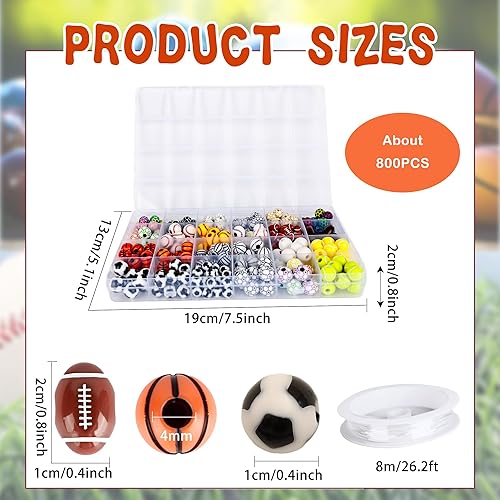 Miniatura 2 de Juego de 800 cuentas de bolas deportivas para béisbol, baloncesto, fútbol, voleibol, fútbol con cuerda elástica para llaveros y pulsera, 2 cajas