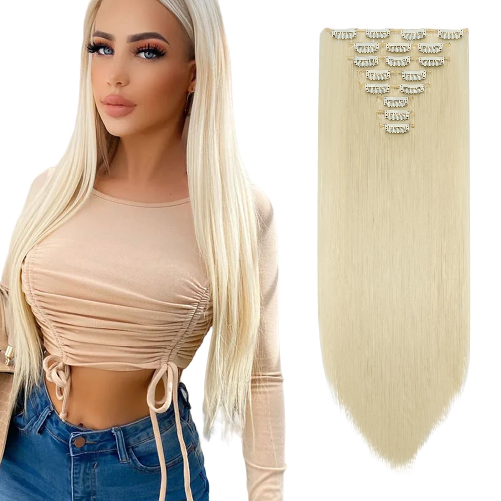 Dcbaboo Extension Capelli Lisci Biondo 8 Fasce Clip in Hair Extension Sintetici Lunghi 65cm Posticci per Capelli Finti Estensioni Diritti Naturale per Donna, Biondo Candido