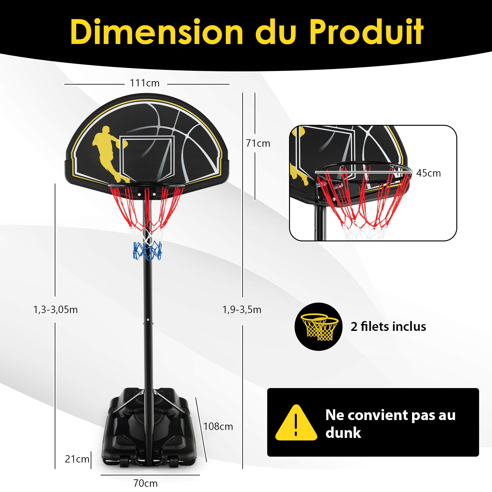 COSTWAY Panier de Basket-Ball sur Pieds Hauteur Réglable 130-305cm, Support de Basket Portable avec Roues et Base Rechargeable Résistant aux Intempéries, pour Intérieure & Extérieure