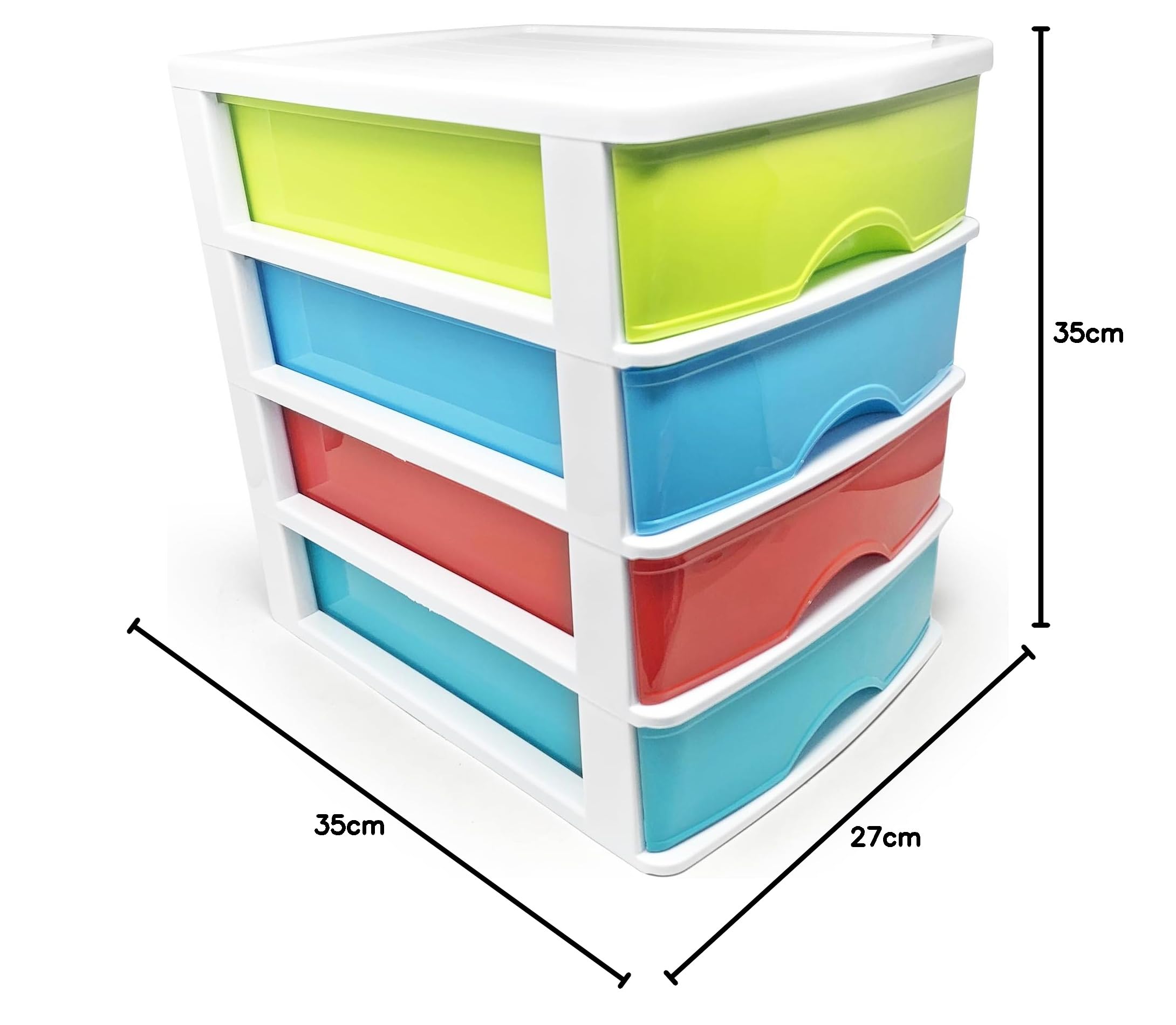 Kunststoff-Aufbewahrungsbox mit 4 Schubladen, Schreibtisch-Organizer mit Schubladen, Schreibwaren-Kunstschublade, Desktop-Tisch-Organizer, Garage (35.5x27x35 cm, Weiß mit 4 mehrfarbigen Schubladen)
