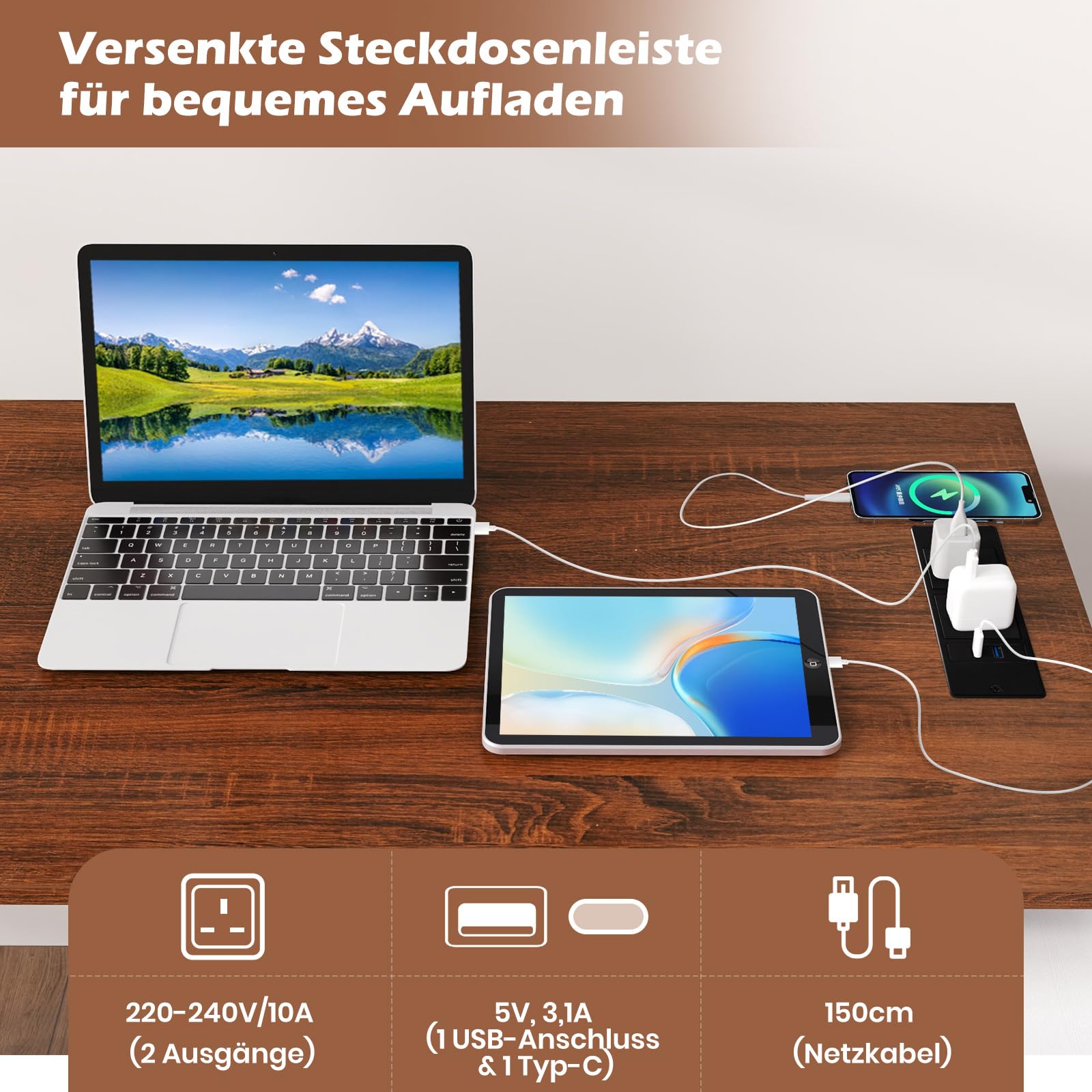 COSTWAY L-förmiger Schreibtisch mit Ladestation & Aktenschrank, Eckschreibtisch umkehrbar mit 3 Schubladen & 2 Türen, Computertisch aus Holz mit Metallrahmen für Zuhause & Büro (Braun)