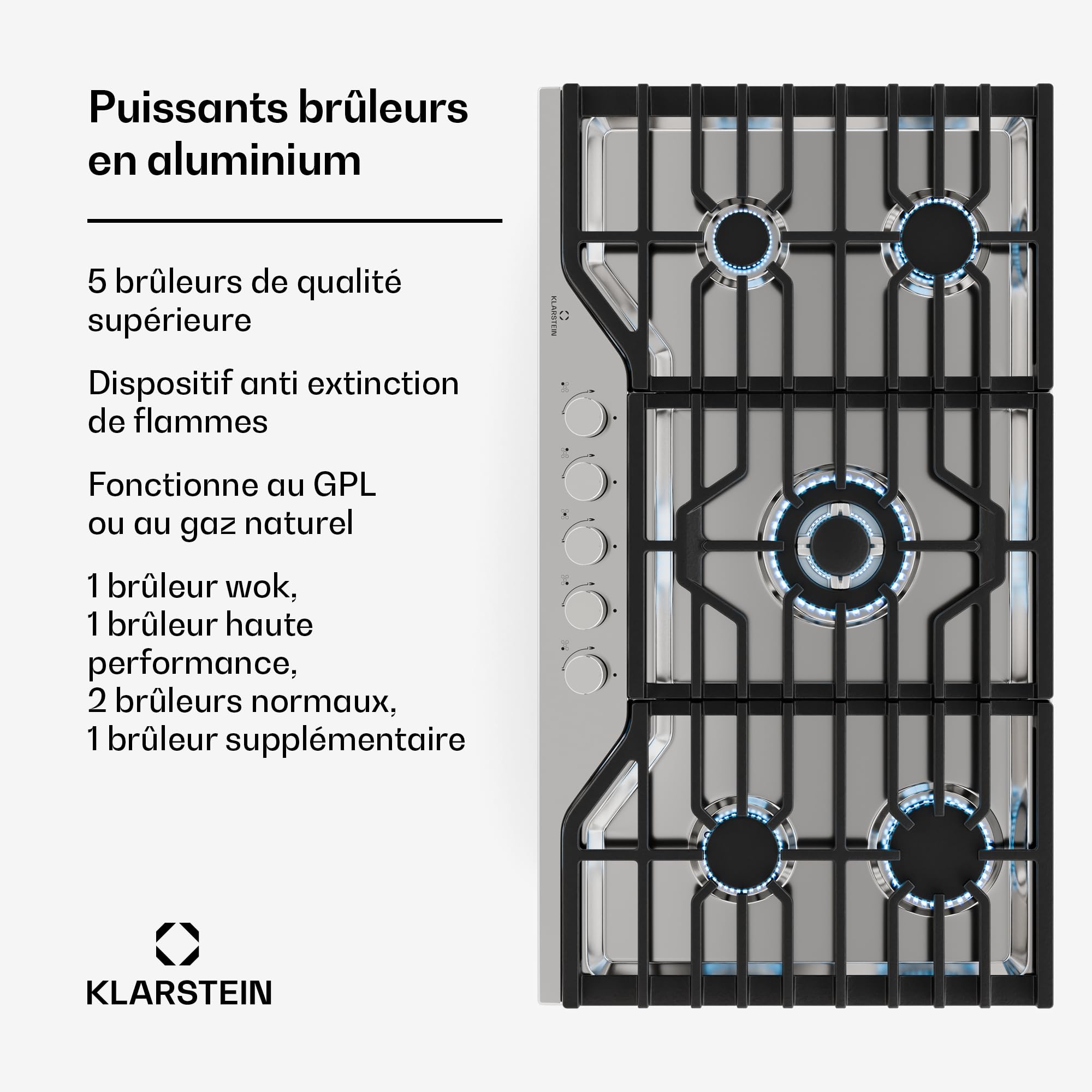 Klarstein Turbocast Plaque De Cuisson Gaz - 5 Brûleurs, Inox 304, 3.4kW Wok, Allumage Auto & Sécurité, Kit Conversion GPL, Plaque au Gaz Professionnelle