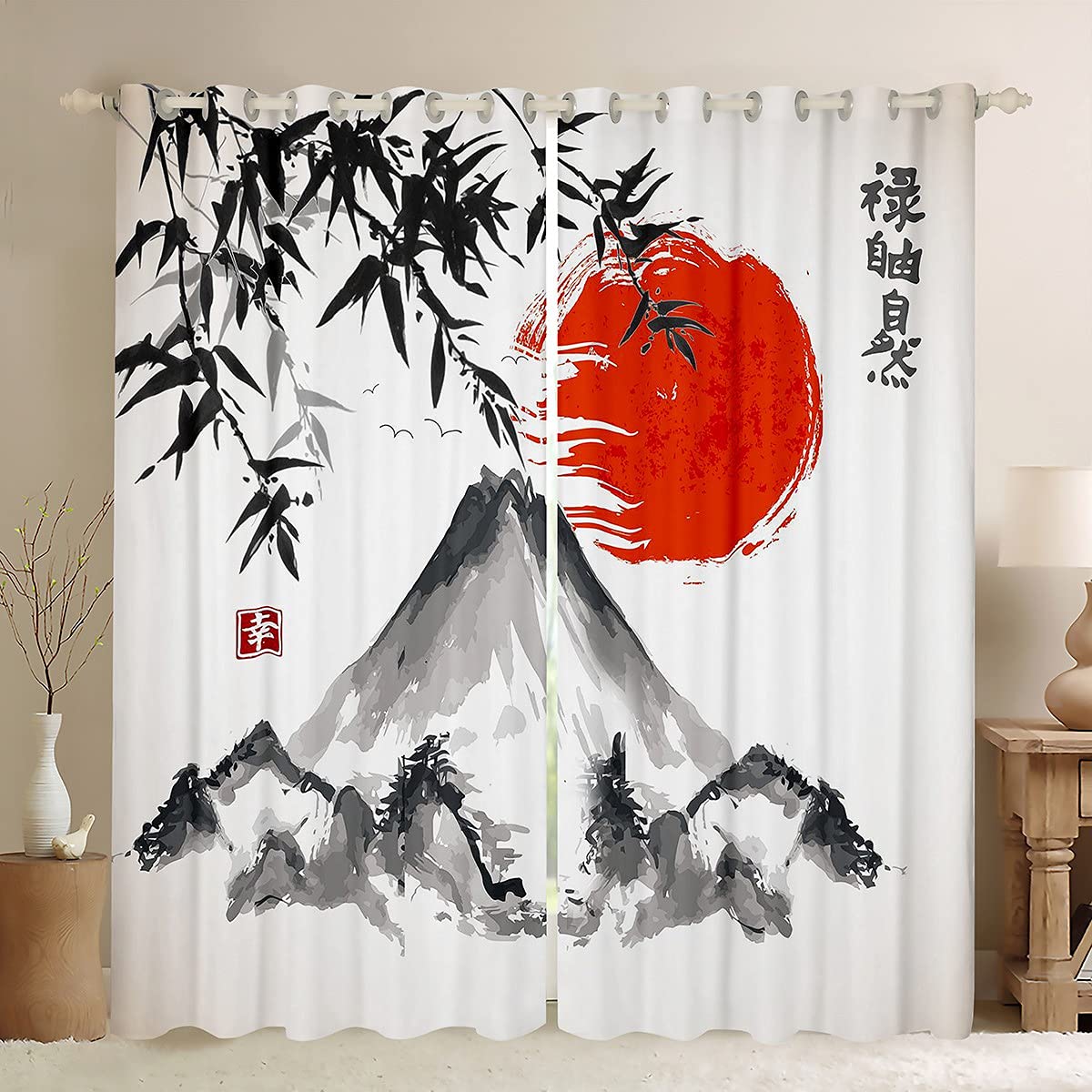 Tende da finestra in stile giapponese esotico Fuji Mountain Suned Tende da finestra per camera da letto Soggiorno Donne Uomini Inchiostro Bamboo Finestra Trattamenti acquerello Inchiostro W46*L72