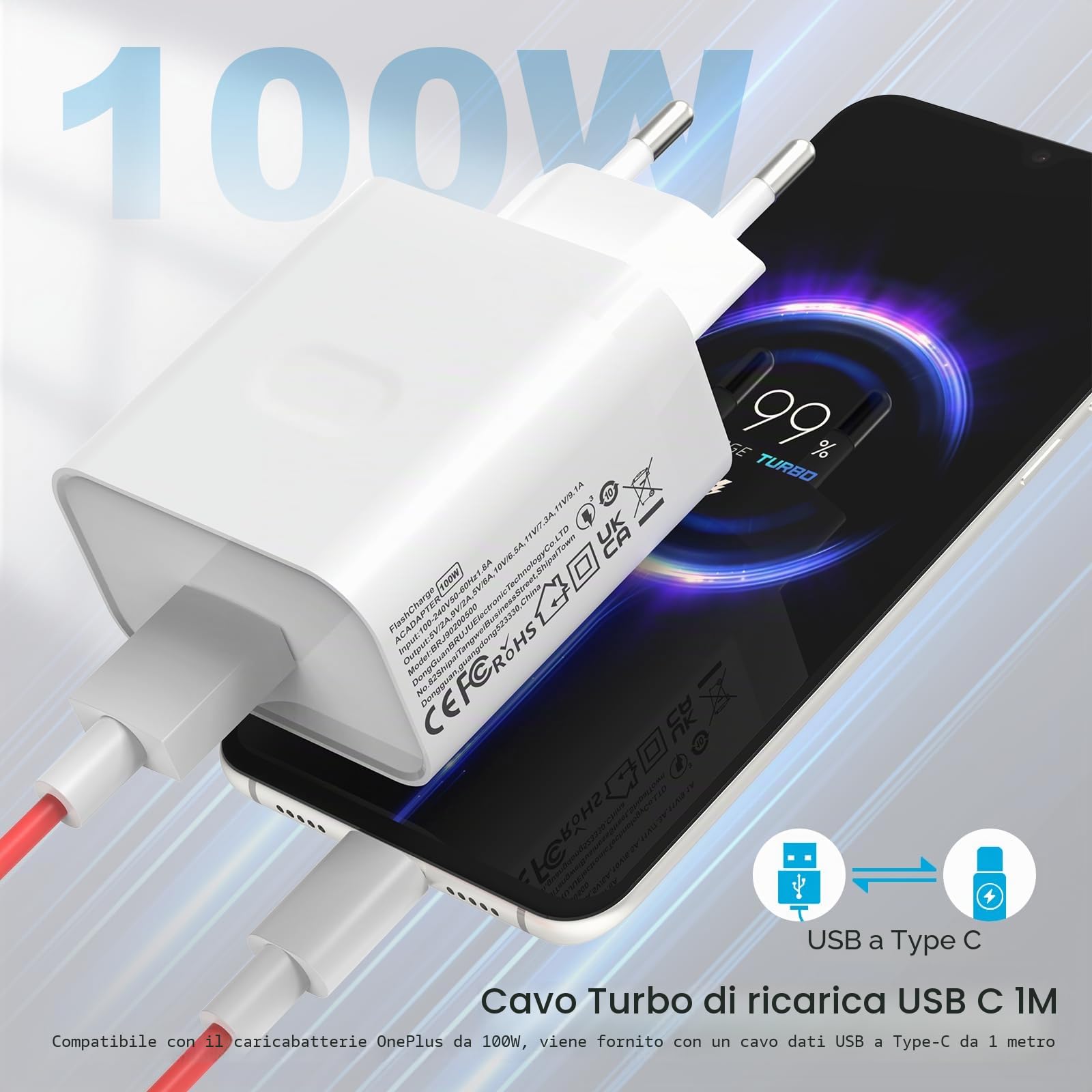 100W Caricabatterie USB C per Oppo Find X9 X8 X8 Pro X7 X7 Ultra X6 X5 X3 X2 Reno 15 14 13 12 11 10 9 Compatibile con OnePlus SuperVooc Ricarica rapida con cavo di ricarica USB-C da 8 A (1 m)