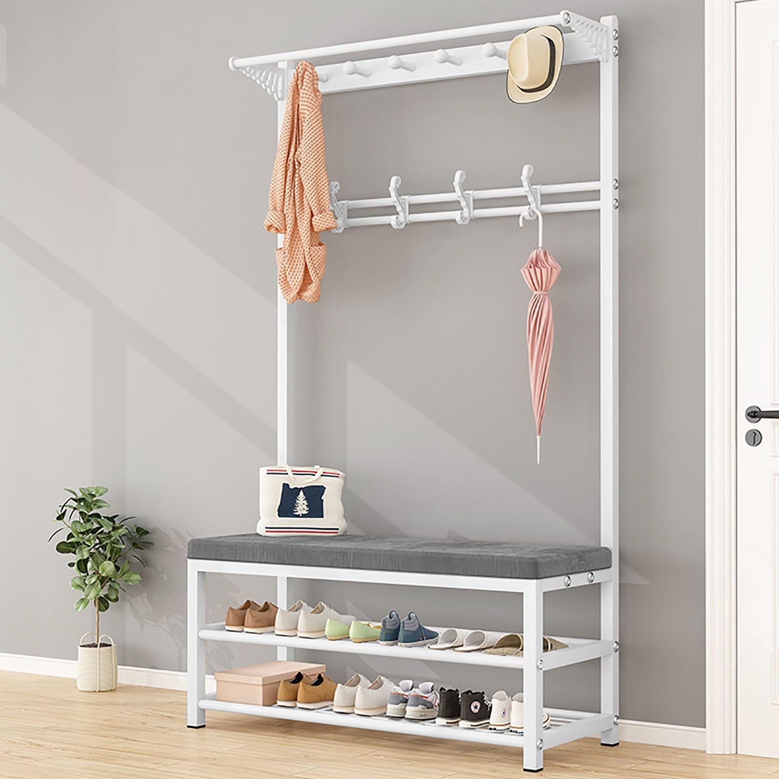 MYUYEE 4 In 1 Wardrobe With Shoe Rack 2 Shelves, Free-Standing Wardrobe With Bench And Removable Hooks, Multifunctional Clothes Rack With Shelf, For Hallway, Entrance Area C, 10(C-100 * 33 * 170Cm)
