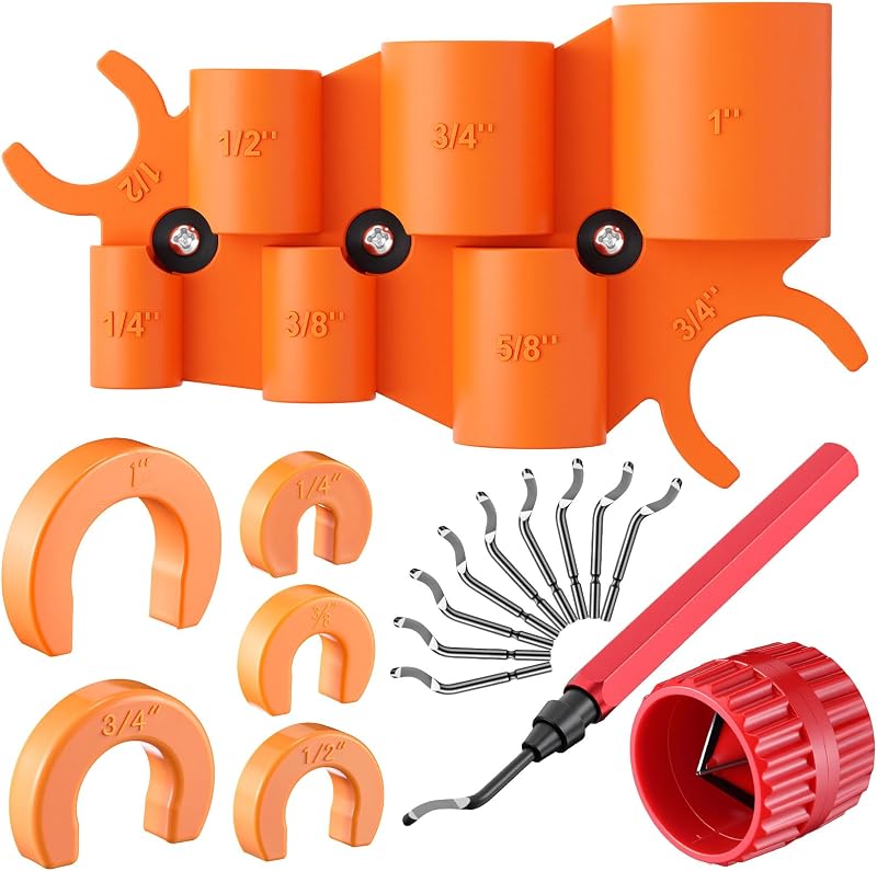 18 Pcs Plumbing Tool Kit, Pipe Depth Gauge, Reamer,Normal,Red | 1/4-1 In Gauge Sizes, 3/16-1-1/2 In Pipe Range, Copper/PVC/PEX/CPVC Compatible, 10 Spare HSS Blades