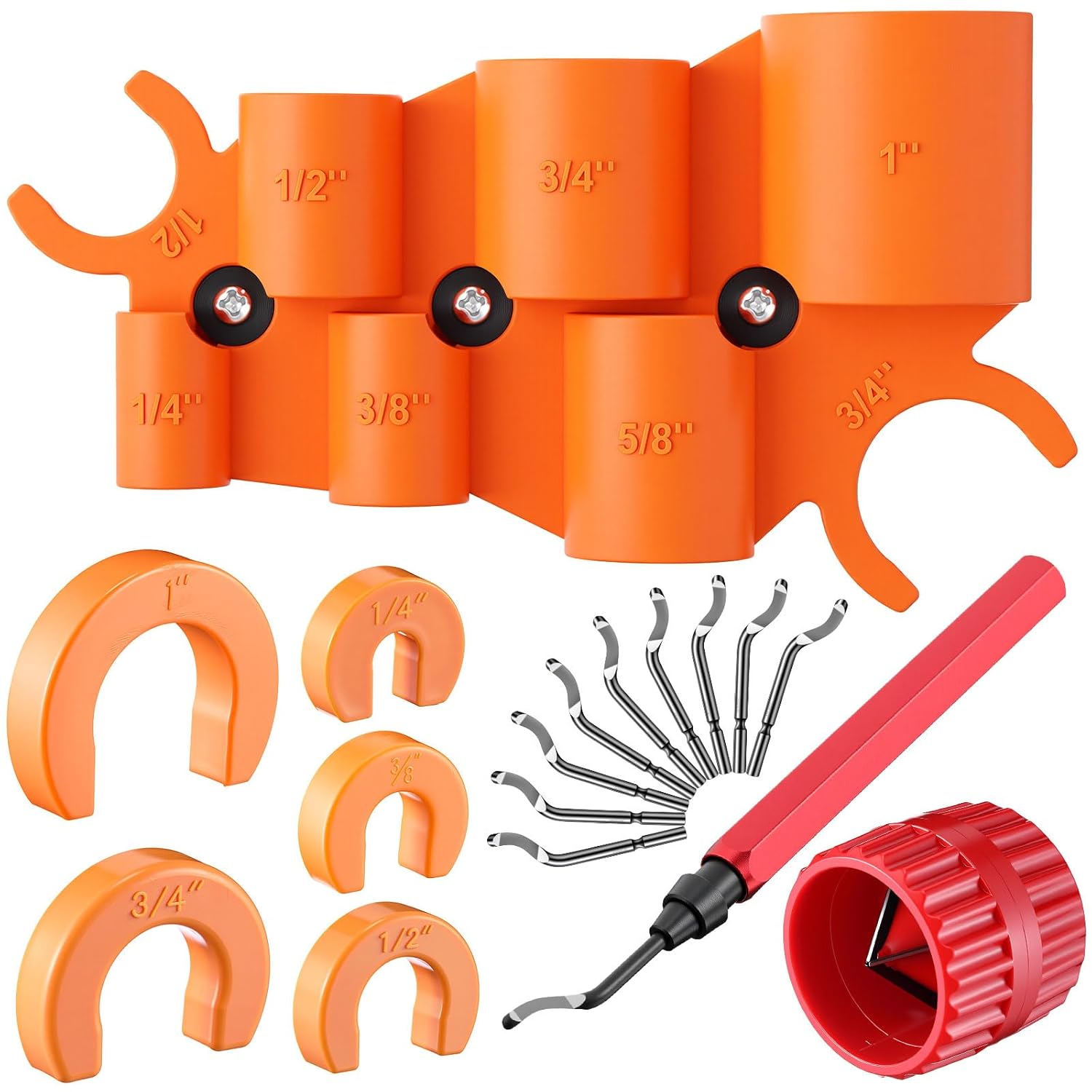 18 pcs 1/4-1 Inch Plumbing Tools Kit Pipe Depth Gauge, Copper Deburring Reamer with HSS Blades, Push Fit Disconnect Clip, Multi Purpose Tool Set for Copper, PVC, PEX, CPVC