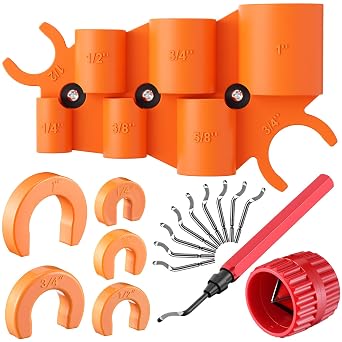 18 pcs 1/4-1 Inch Plumbing Tools Kit Pipe Depth Gauge, Copper Deburring Reamer with HSS Blades, Push Fit Disconnect Clip, Multi Purpose Tool Set for Copper, PVC, PEX, CPVC