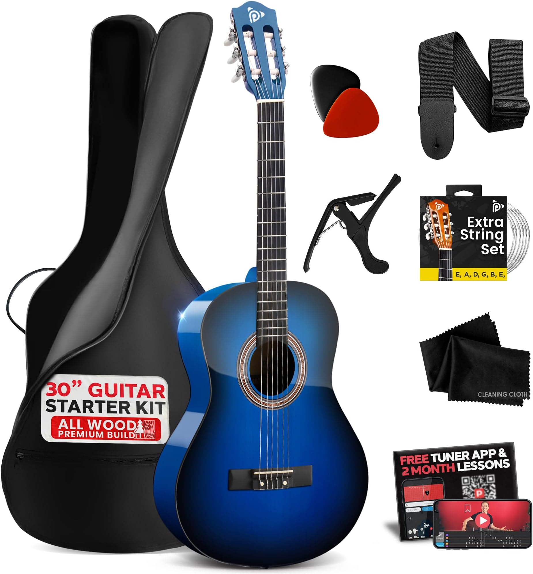 Beginner Acoustic Guitar Kit, 1/4 Junior Size All Wood Build Nylon Stringed Instrument with Capo, Strap, Extra String Set, Gig Bag, Guitars for Beginners Adults Youth, 30" Blue Burst Gloss