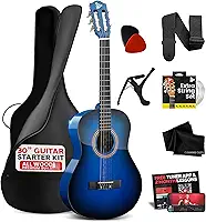 Pyle Kit de violão acústico para iniciantes, instrumento de cordas de nylon 1/4 júnior com capo, correia, conjunto de cordas extras, bolsa de apresentação, guitarras para iniciantes adultos jovens,