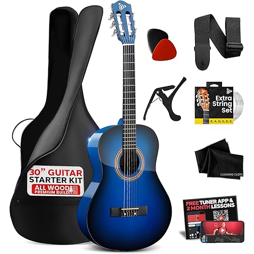 Pyle Beginner Acoustic Guitar Kit, 1/4 Junior Size All Wood Build Nylon Stringed Instrument with Capo, Strap, Extra String Set, Gig Bag, Guitars for Beginners Adults Youth, 30" Blue Burst Gloss