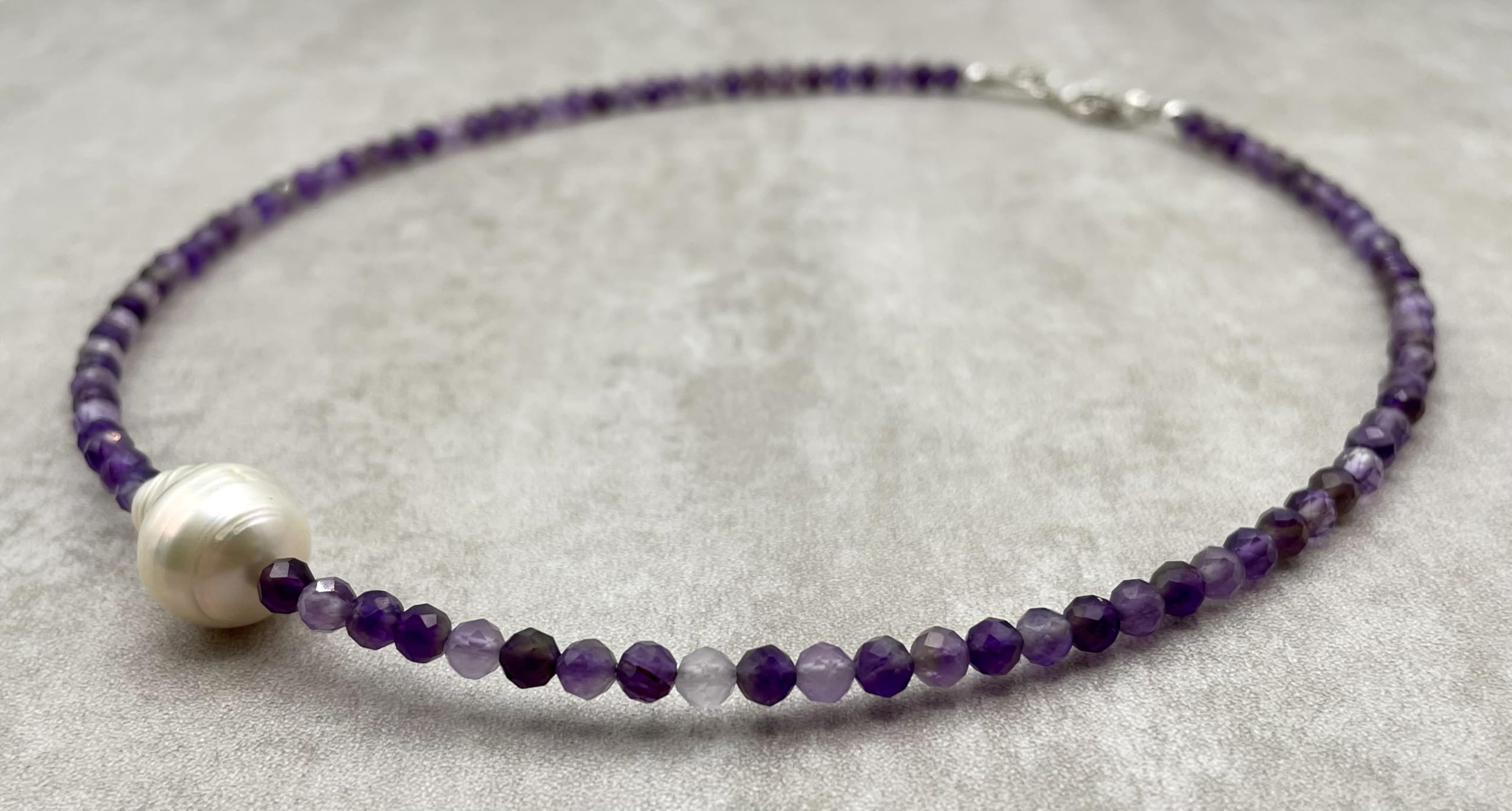 Amethyst Halskette mit Barock Floating Perle, 925 Sterling Silber, Zarte Schicht Choker, Kristall Schmuck, Made in Italy, Geschenk für Frauen