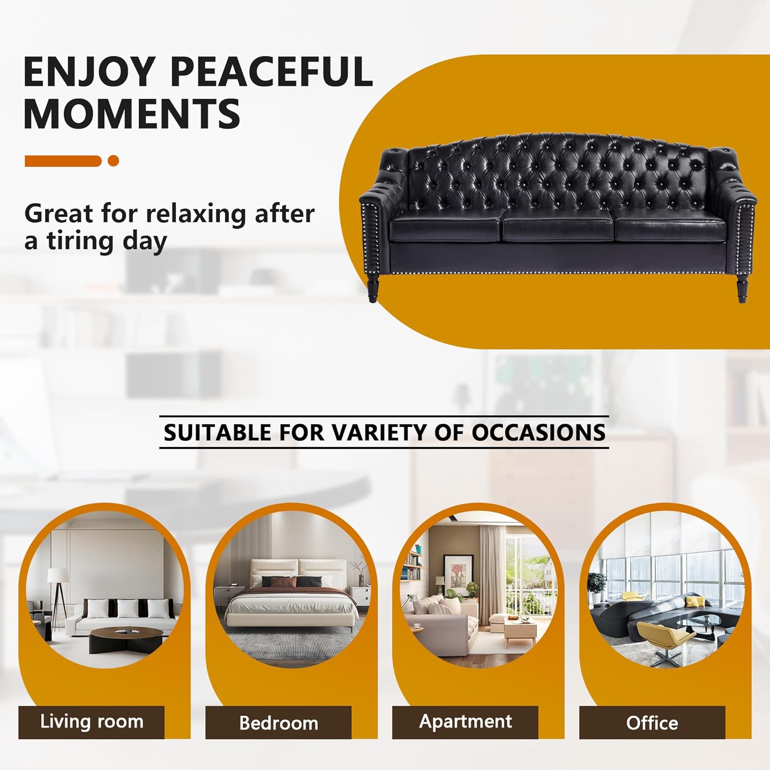AVZEAR 3 Seater Large Sofa, Chesterfield Sofa Set 80" Mid-Century Modern PU Sofa, Upholstered Couch with Nailhead Trim and Button Tufted for Living Room, Office, Bedroom, Black