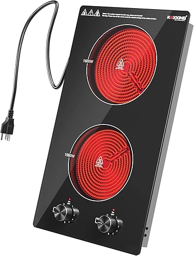 Cocina eléctrica de 12 pulgadas, 2 quemadores, estufa de cerámica de 1800 W, enchufe de 120 V, 11 niveles de calor e indicador de calor residual,