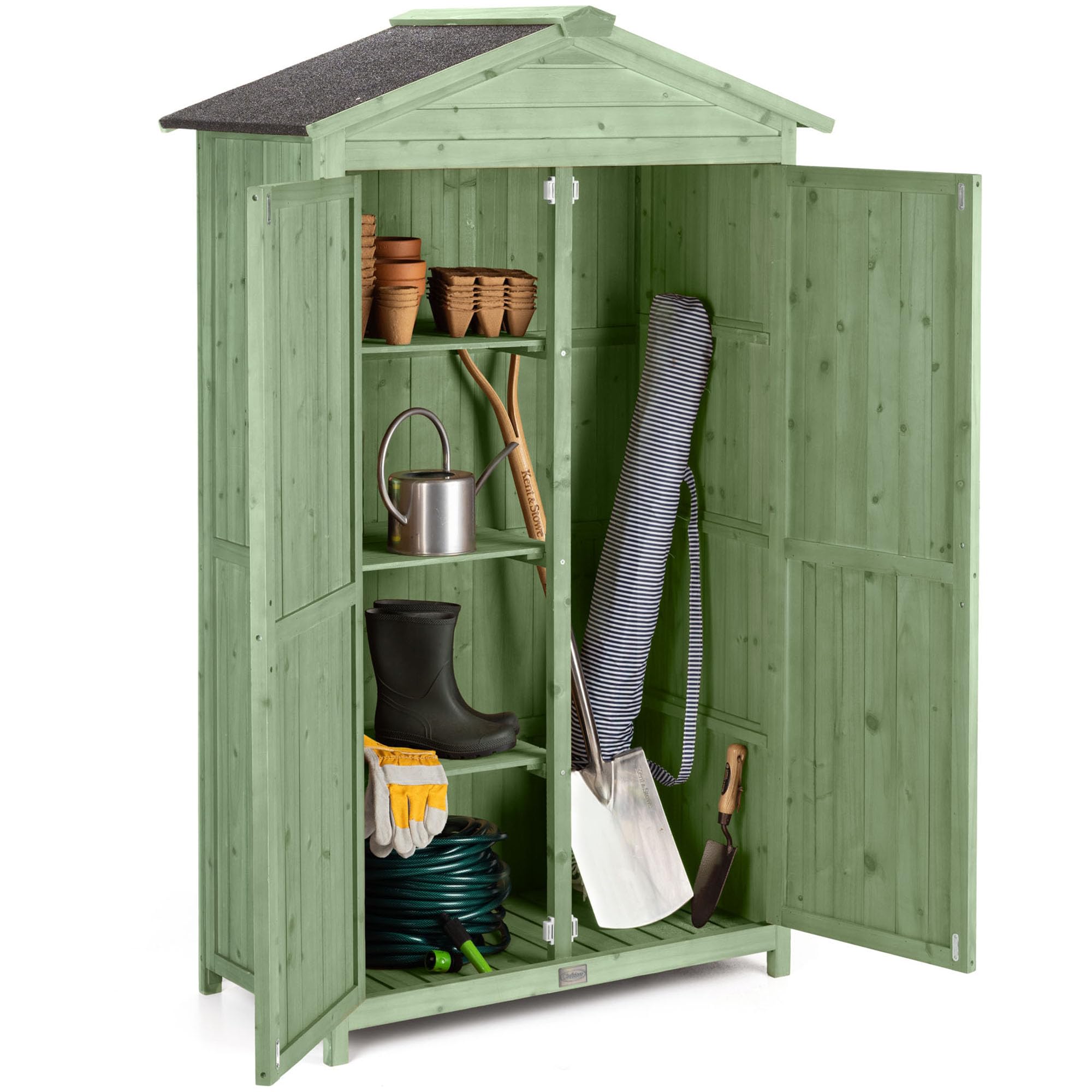 Christow Small Double Door Garden Shed – Sage Green, Tall Wooden Outdoor Storage, Slim Utility Shed, Three Configurable Shelves, Treated Wood, Lockable Doors, Sloped Roof, H166cm x W100cm x D64cm