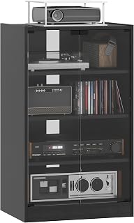 HOMCOM 4-Tier Media Cabinet Stereo Stand with Vinyl Record Storage, Adjustable Shelves, Tempered Glass Doors, Distressed Black