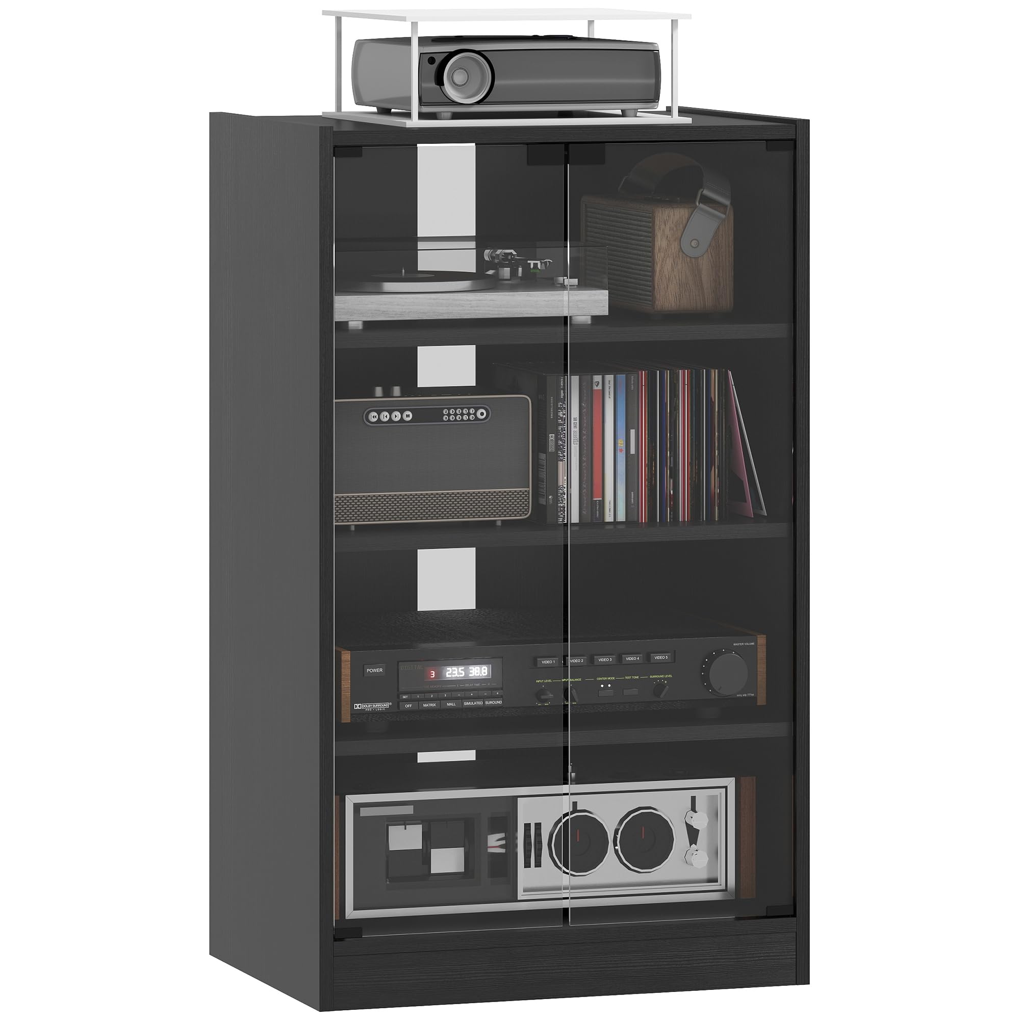 HOMCOM Media Cabinet, 4-Tier Stereo Cabinet, Record Player Stand with Vinyl Record Storage, Adjustable Shelves, Tempered Glass Doors and Cable Management, Distressed BlackThe Forest Stewardship Council