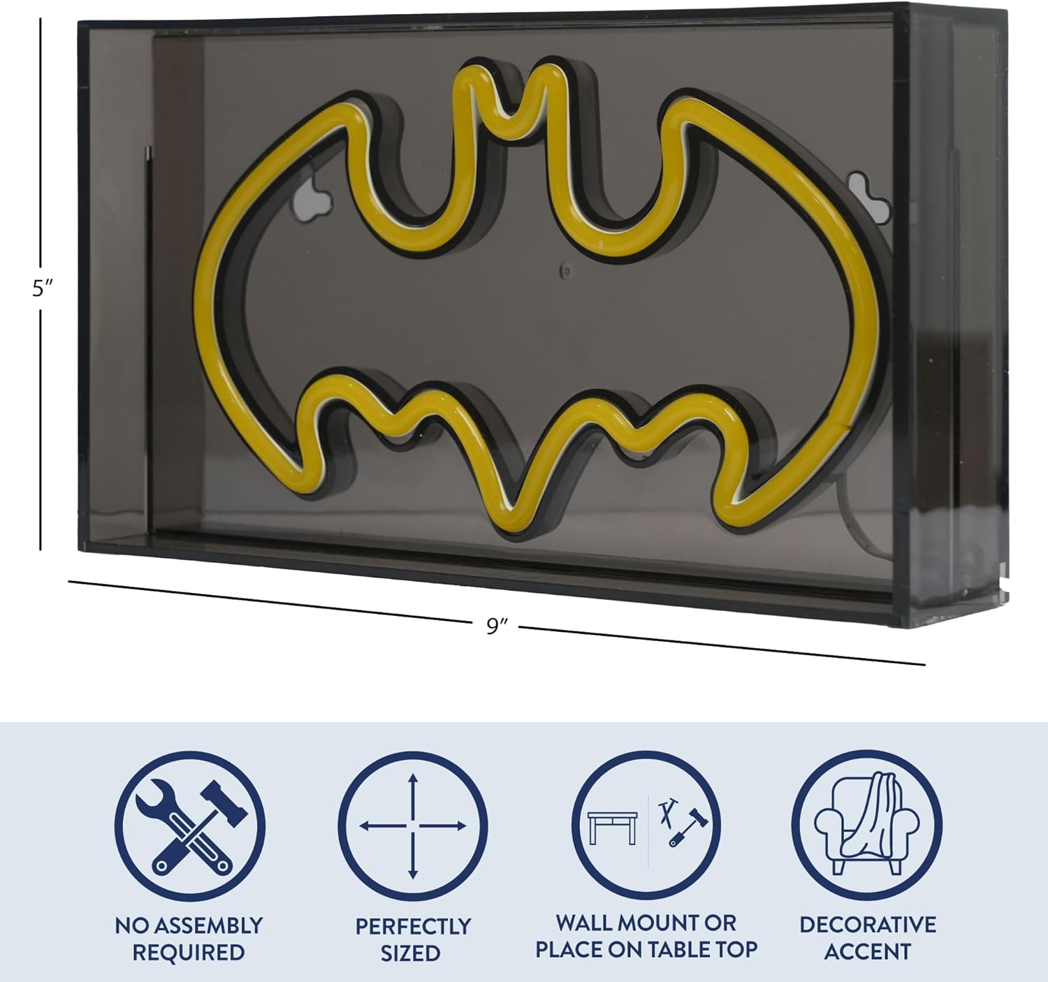 DC Comics Batman Logo Acrylic Light Up Neon Sign for Wall or Table, 9"W x 5"H x 1.8"D