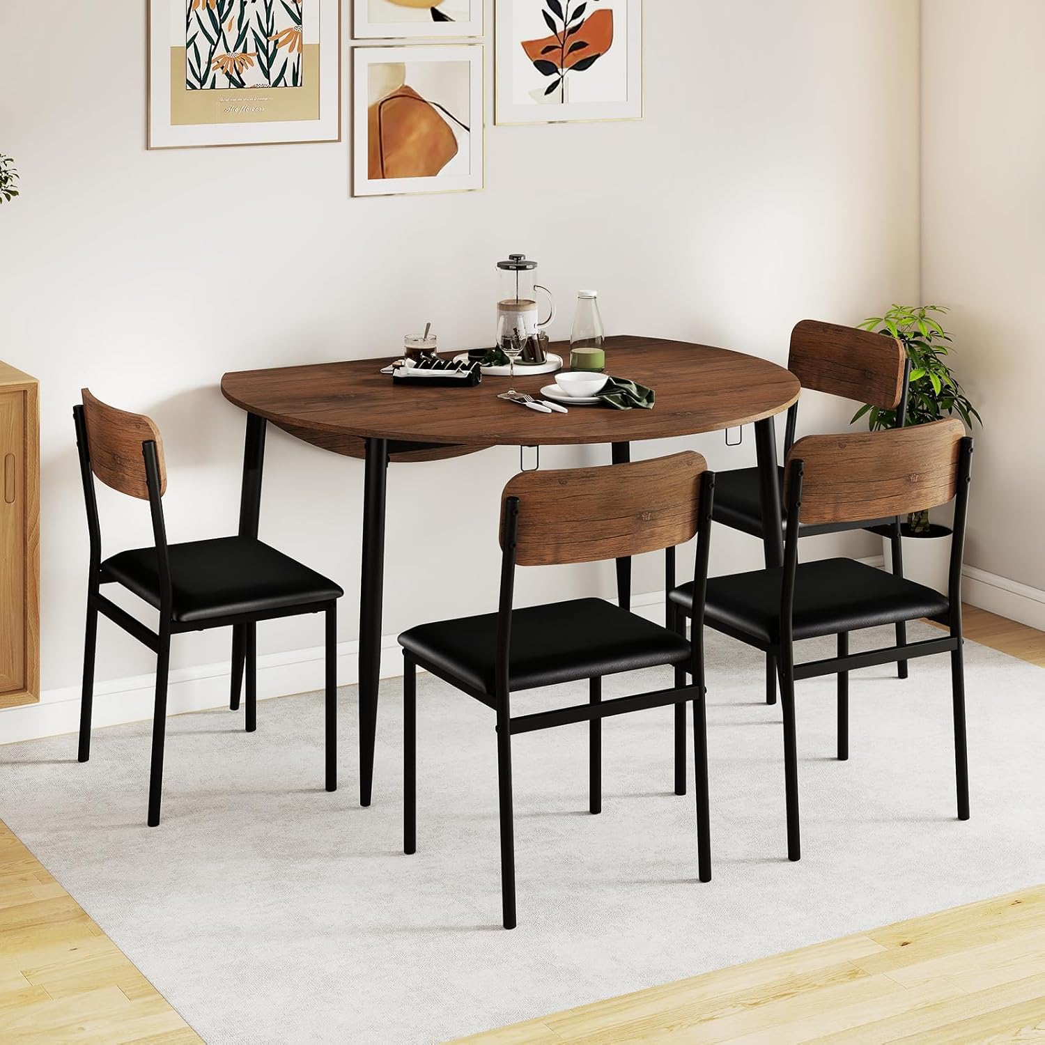 Giantex 5-Piece Dining Table Set for 4, 43.5" Round Kitchen Table and 4 Upholstered Dining Chairs with Drop Leaf Tabletop, Sturdy Metal Frame, Space Saving Farmhouse Dinette Set for Dinette Dinner