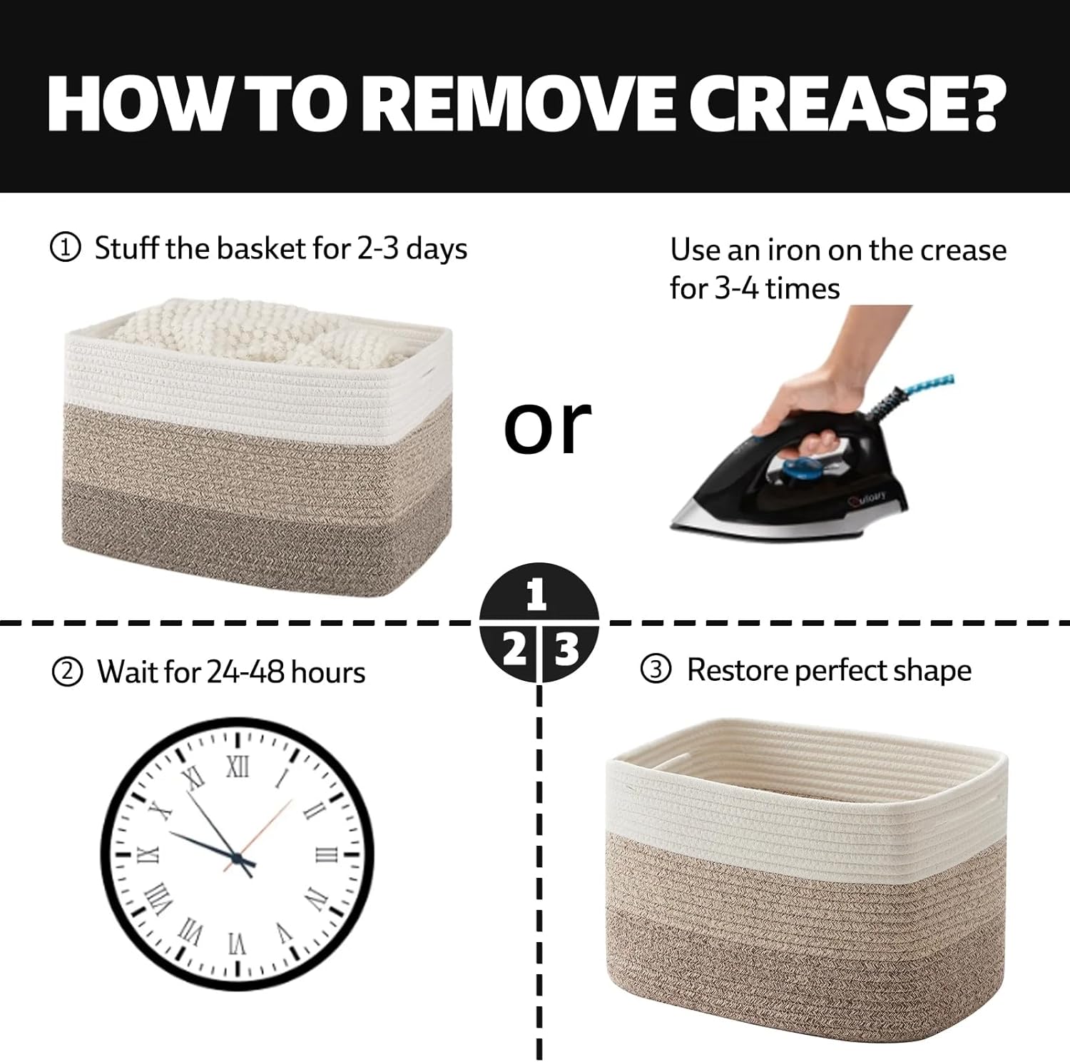 3-Piece Woven Storage Baskets, Soft Cotton Laundry Baskets with Hidden Handles, Rectangular Foldable Bins for Toys, Towels, Blankets, 14.96x9.06x9.84 Inch