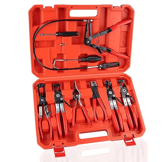 9PCS Hose Clamp Pliers, Long Reach Hose Clamp Tool Remover for Water Hose and Automotive Coolant Radiator Heater with Flexible Wire Long Reach Hose Clamp and Flat Band Pliers