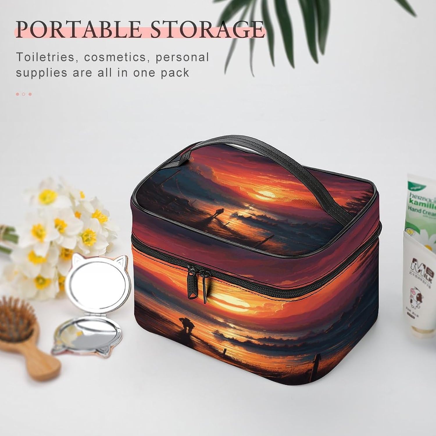 Sunset Art Makeup Bag Personalized Makeup Pouch Large Capacity Hand-held Toiletry Bags Lightweight Travel Cosmetic Bag Portable Cosmetic Pouch for Women image 5