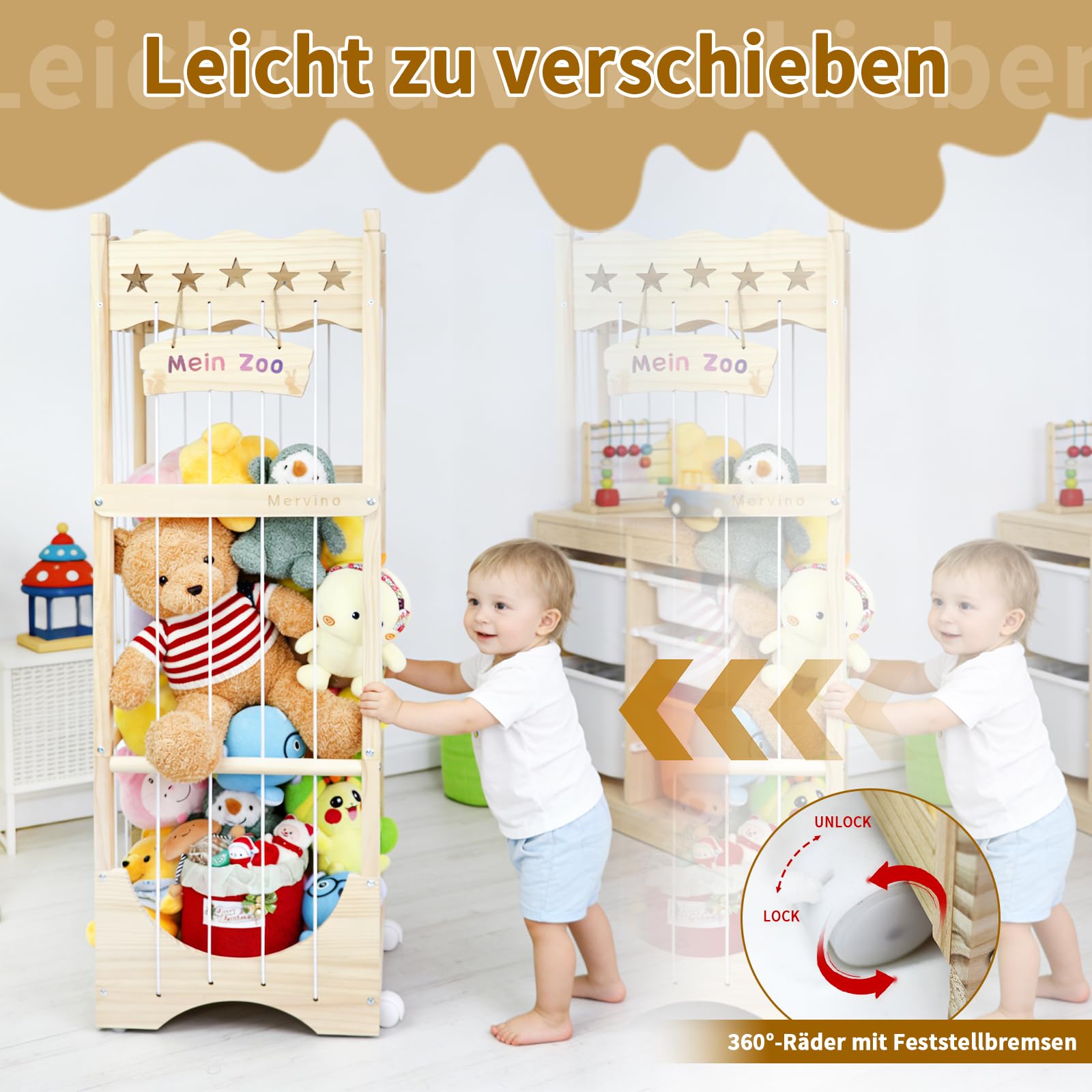 Mervino Holz Kuscheltier Aufbewahrung, mit Gummis & Rollen | Stofftier Aufbewahrung für Kinderzimmer & Spielzimmer, mit Gummis & Rollen, Massivholz, platzsparend