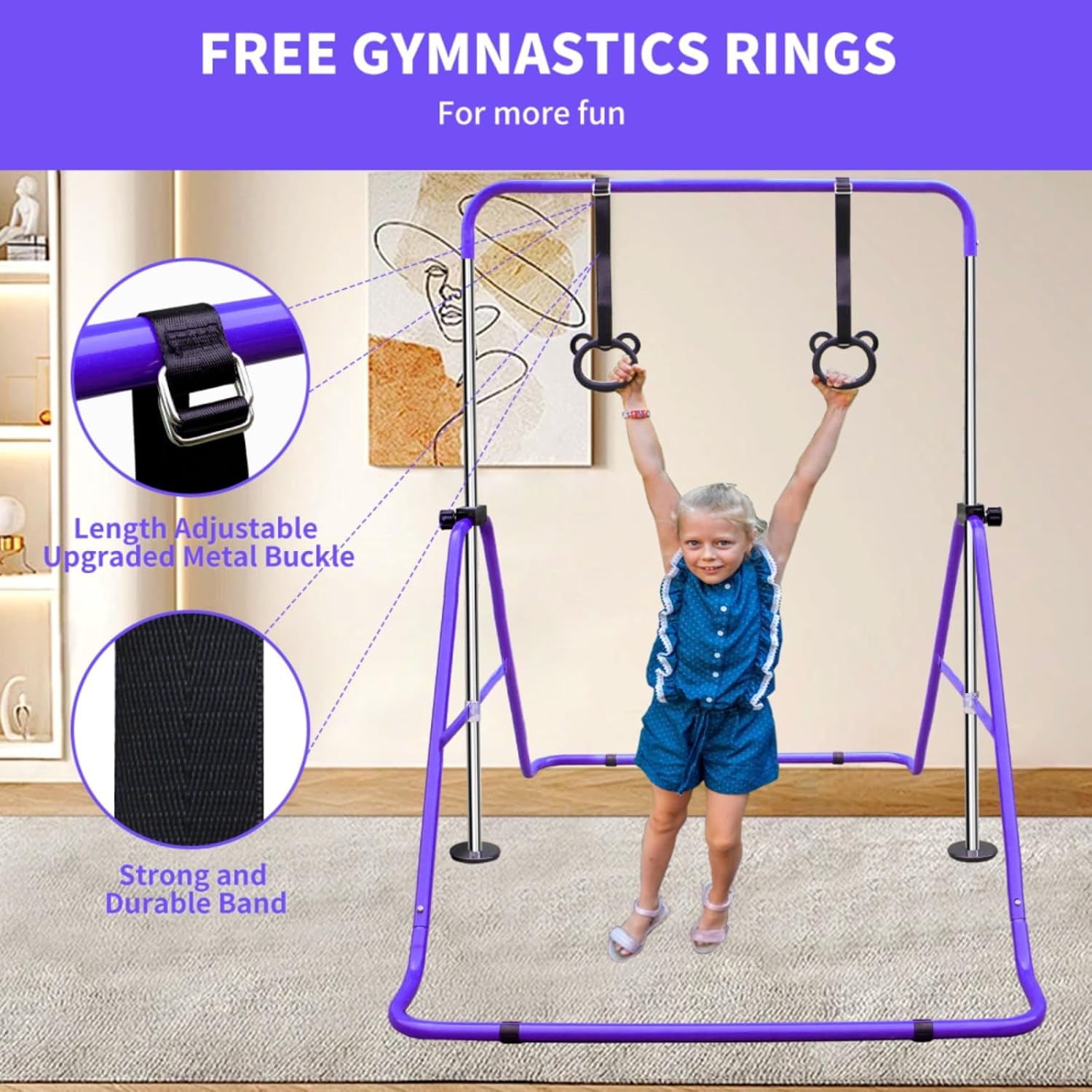 Pink Multi-Functional Adjustable Height Children's Horizontal Gymnastic Bar with Bear Rings