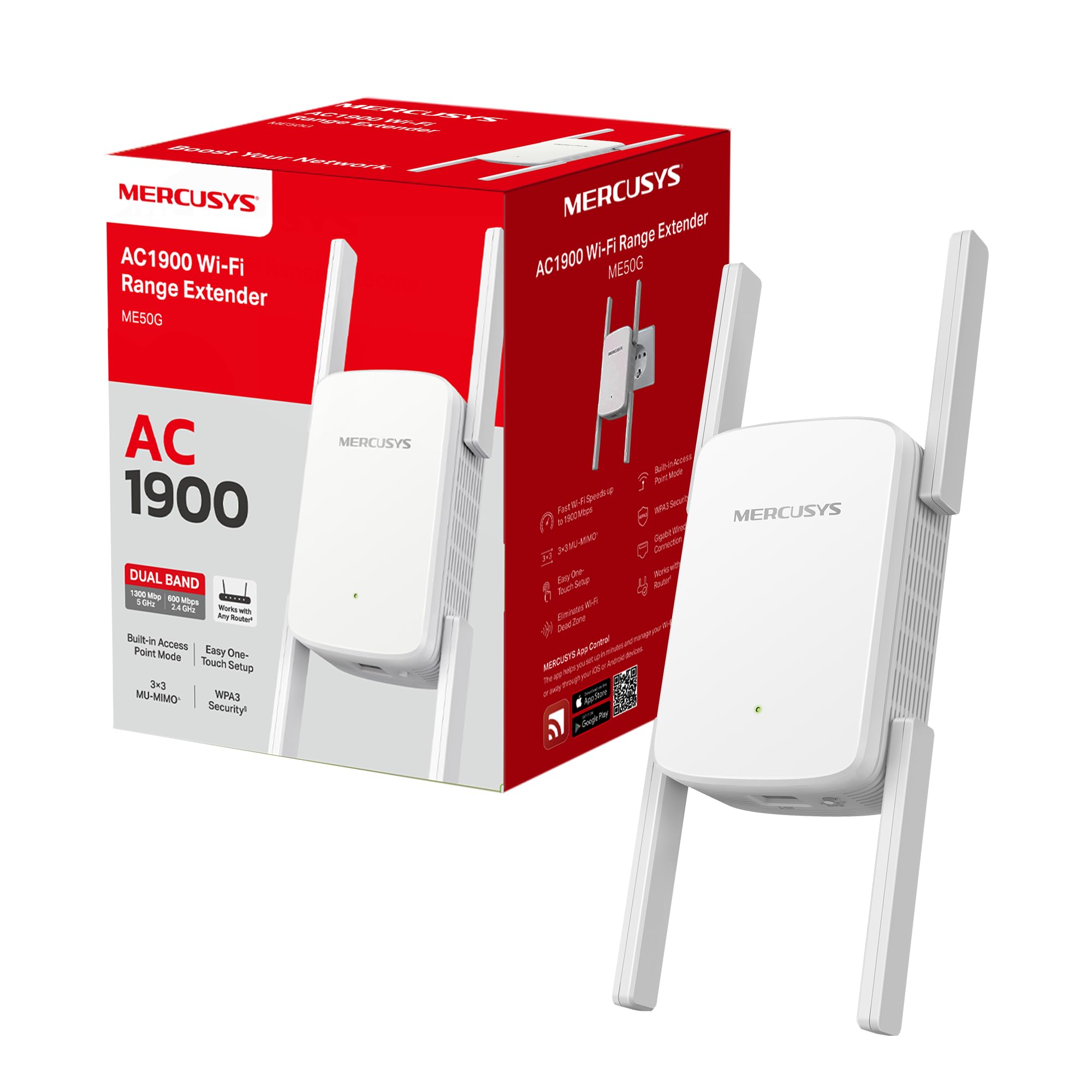 Mercusys ME50G - Repetidor WiFi 5, AC1900, Doble Banda, 2 Antenas externas | Amplificador de Señal WiFi. Puerto Ethernet. Modo Punto de Acceso. Botón WPS para Configuración Fácil. App Mercusys.