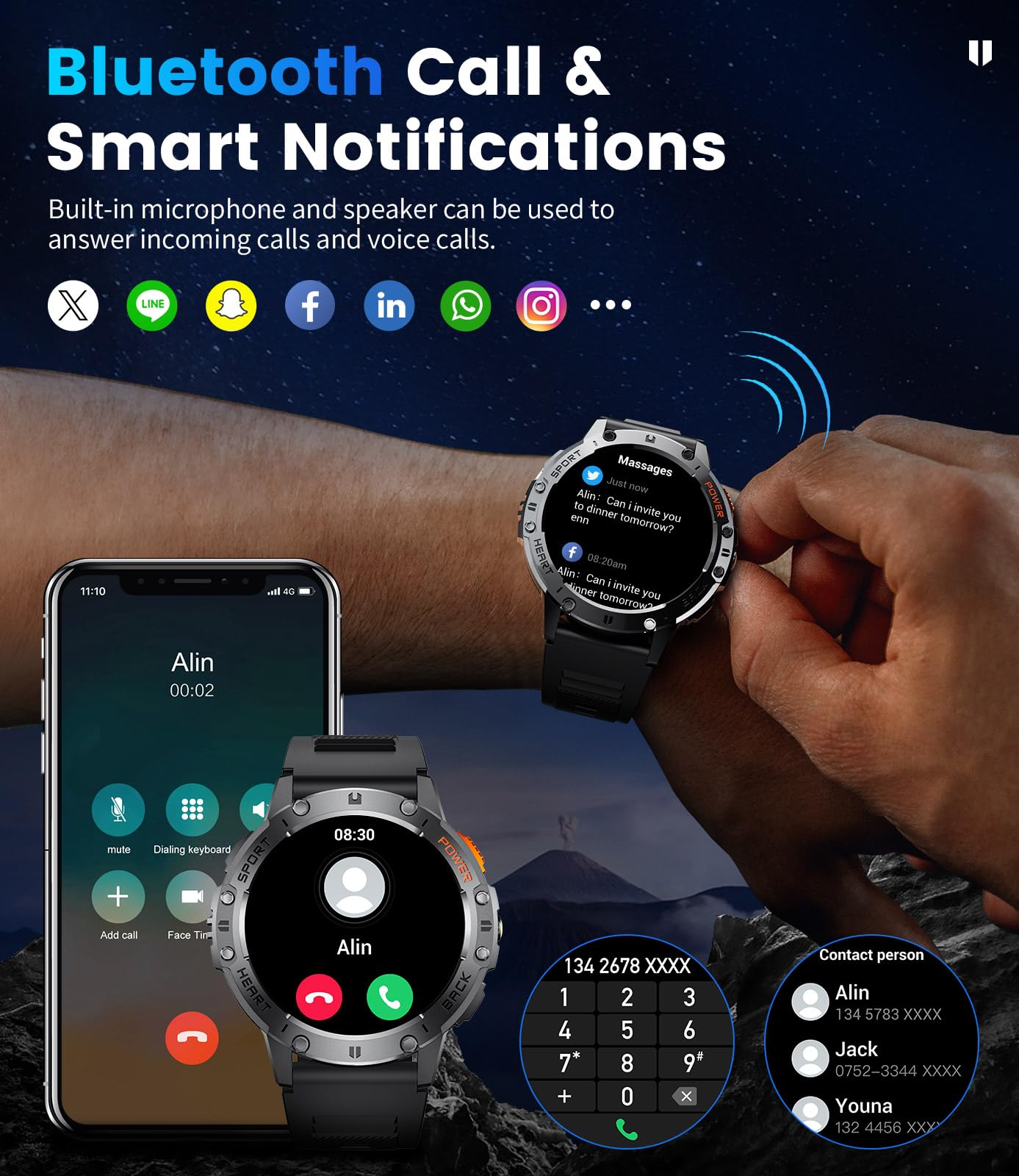 DREMAC Smartwatch Uomo con Torcia, Effettua/Risposta Chiamate e Assistente Vocale, 1,43" AMOLED Smartwatch Militare, SpO2/Cardiofrequenzimetro/5ATM Impermeabile, 530mAh Smartwatch per Android iOS