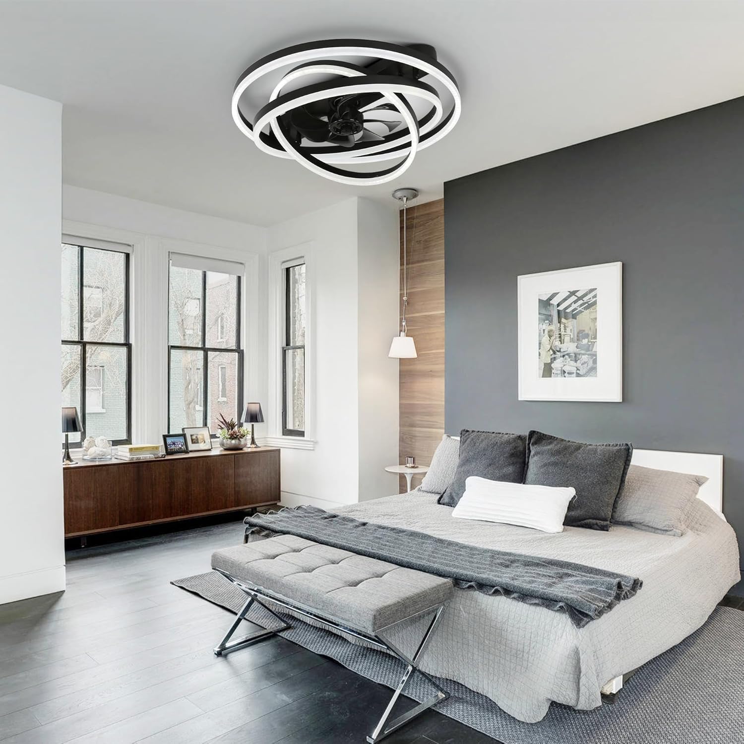 Low Profile Ceiling Fan with Light, 24'' Flush Mount Ceiling Fan with Lights 6 Speed Dimmable Ceiling Fans with Lights and Remote and App Control for Bedroom