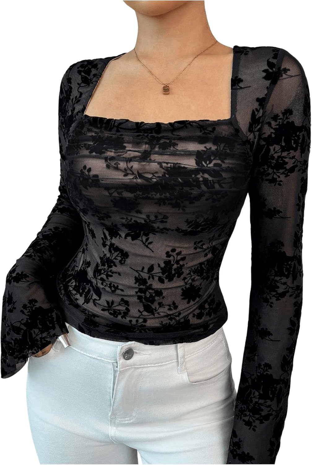 (Size M) Women's Floral Lace Sheer Mesh T Shirt Square Neck Bell Sleeve Dressy Tee Tops Spring Clothes